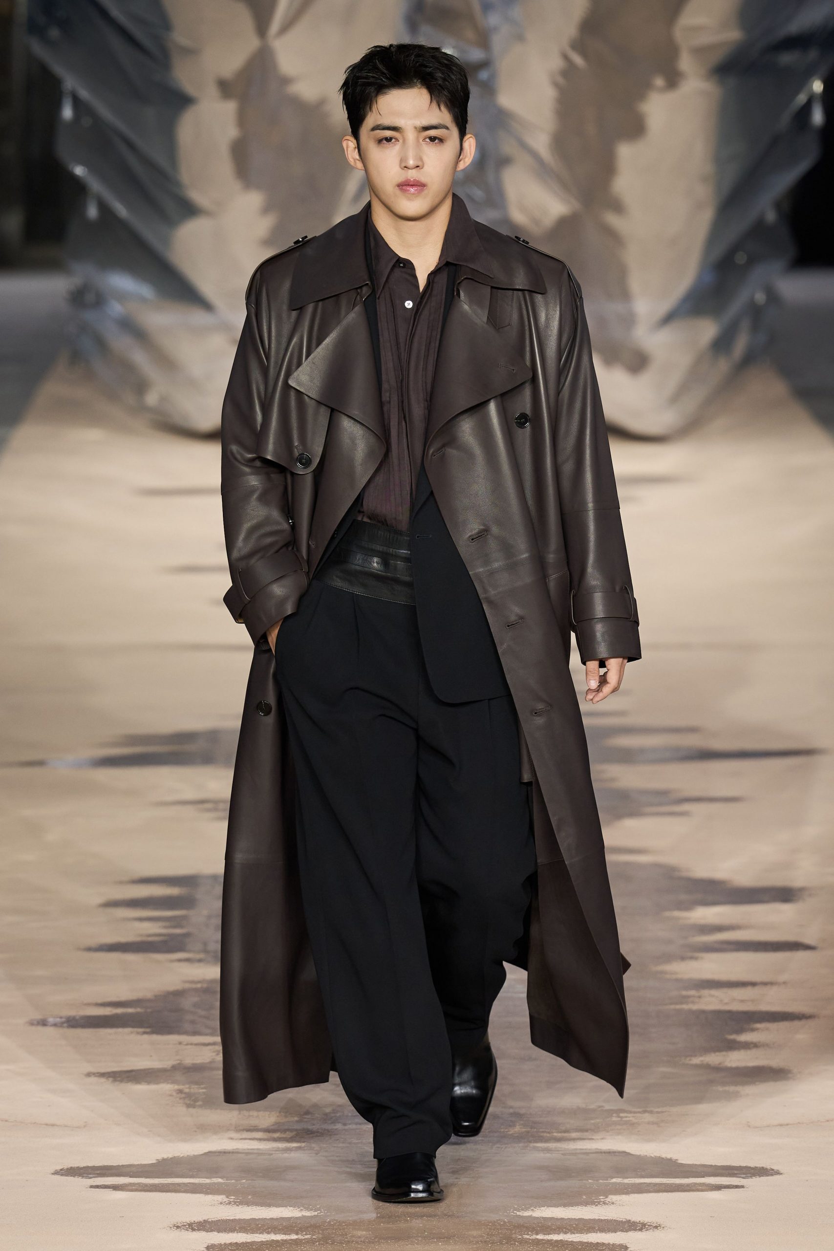 brown leather long-sleeve collared relaxed trench
