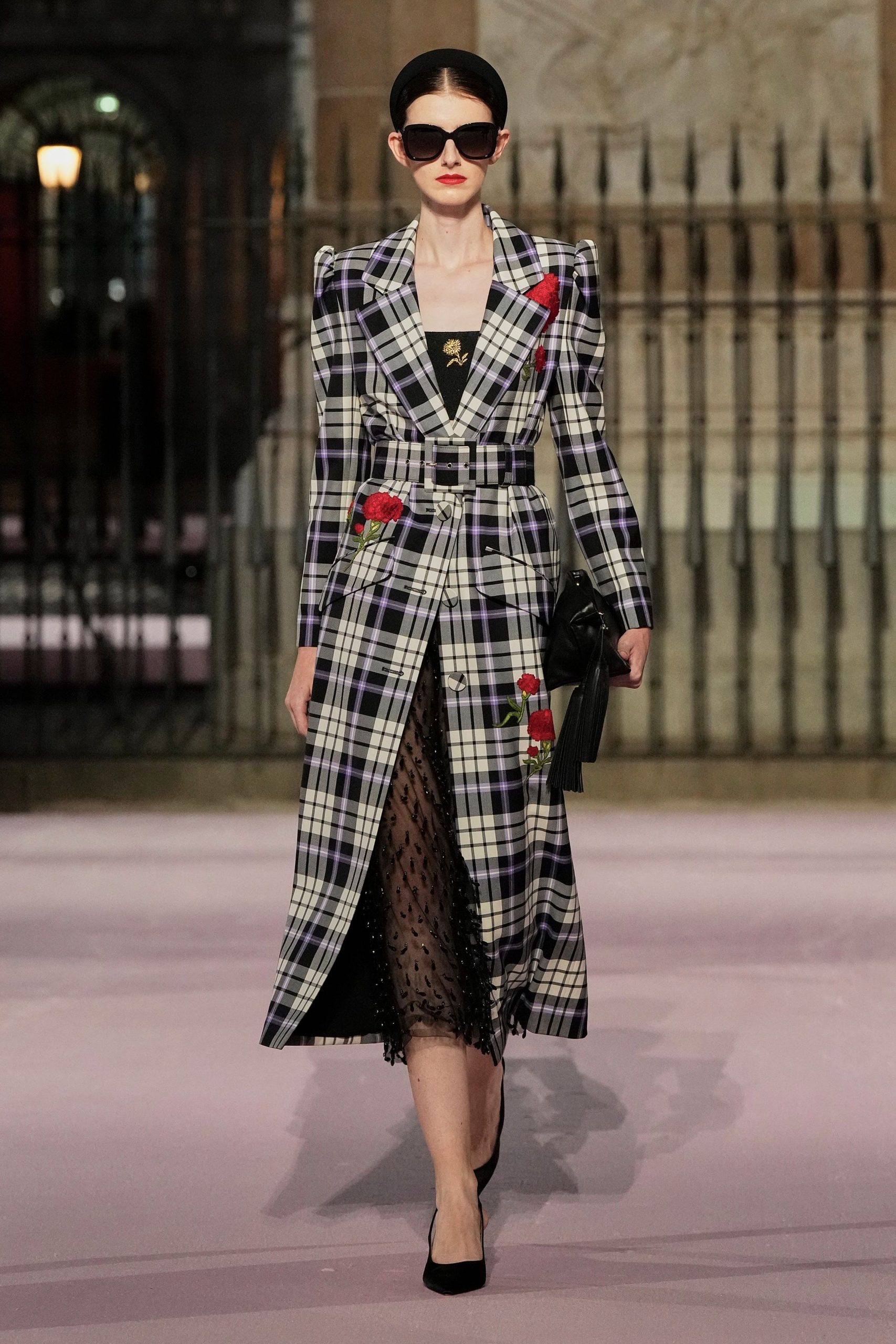 fitted black and white checked coat