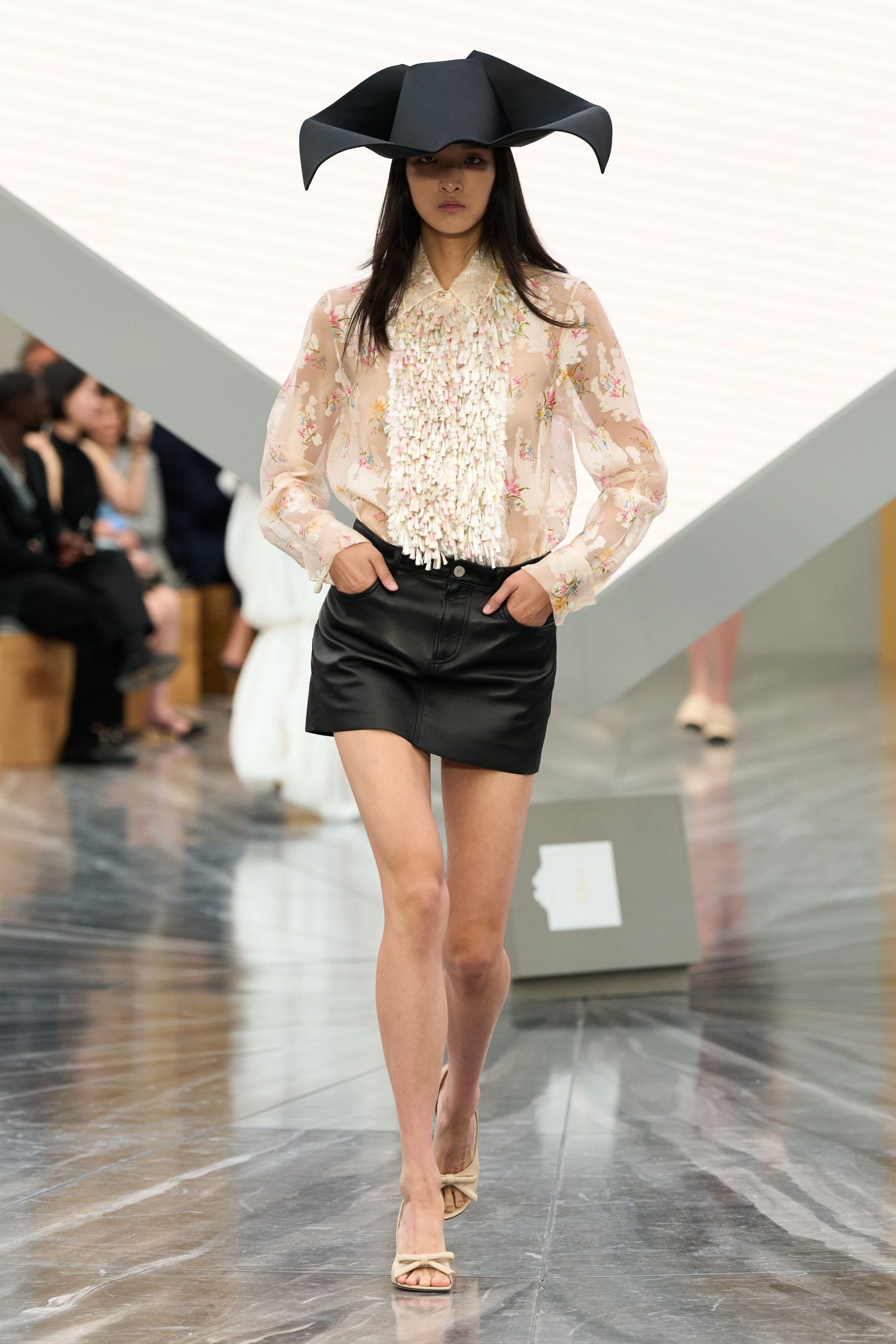white silk long-sleeve collared fitted floral ruffled blouse