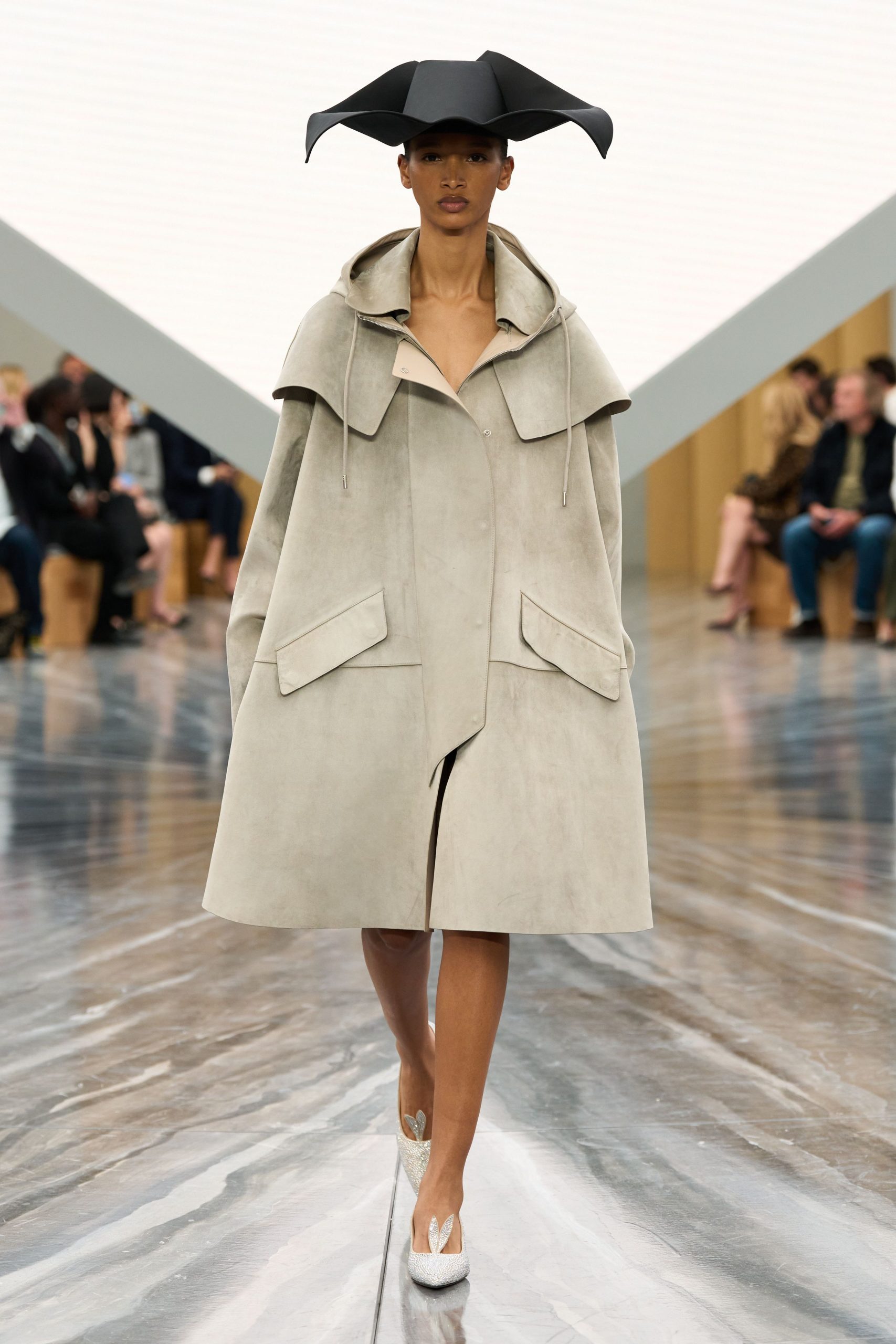 gray suede long-sleeve hooded relaxed pockets midi coat