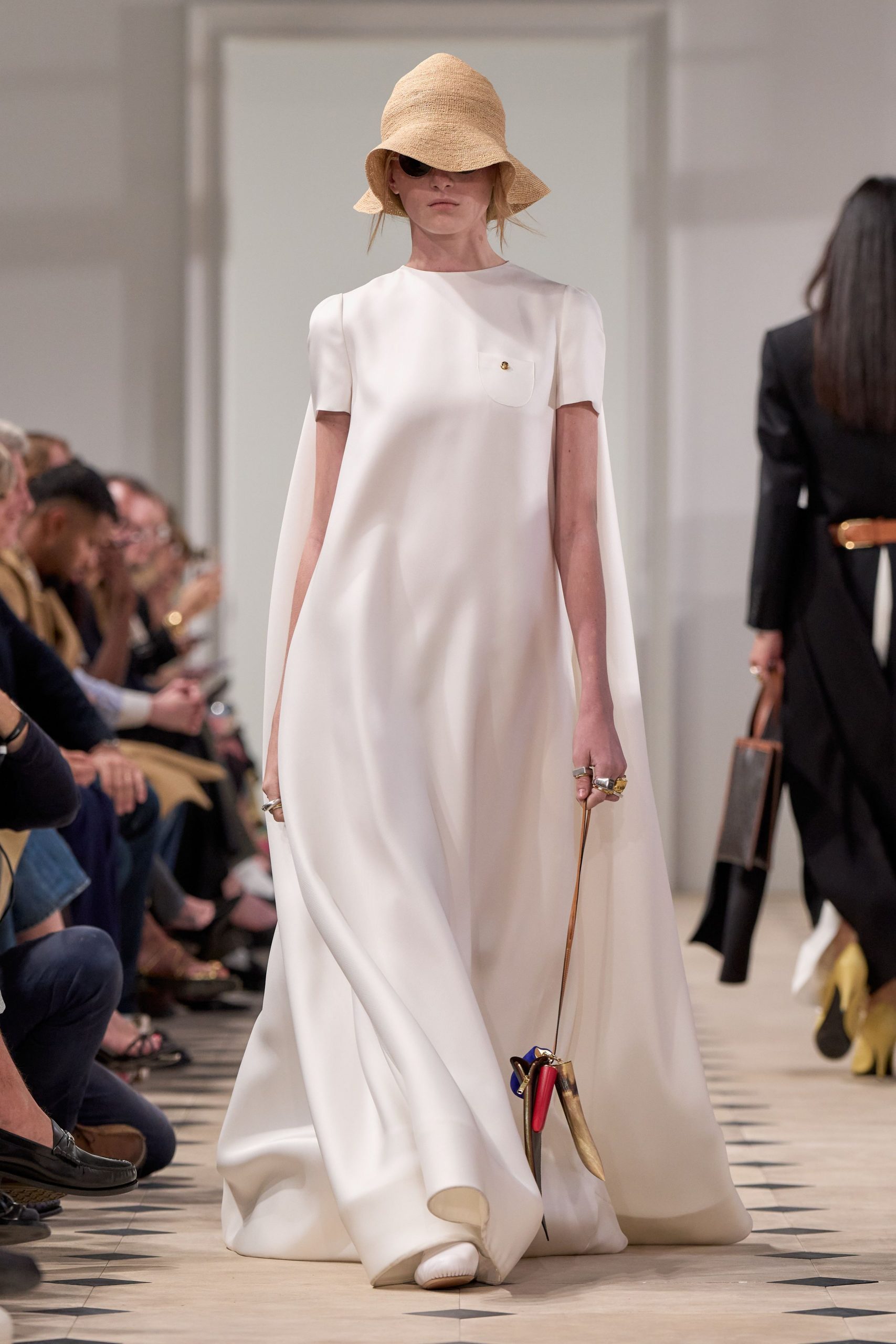 white silk relaxed gown with hat