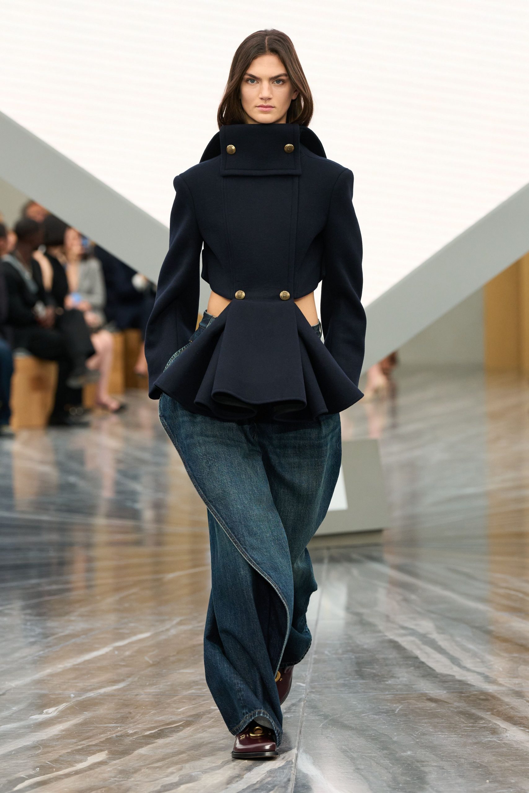 blue cotton long-sleeve collared structured buttoned flared jacket