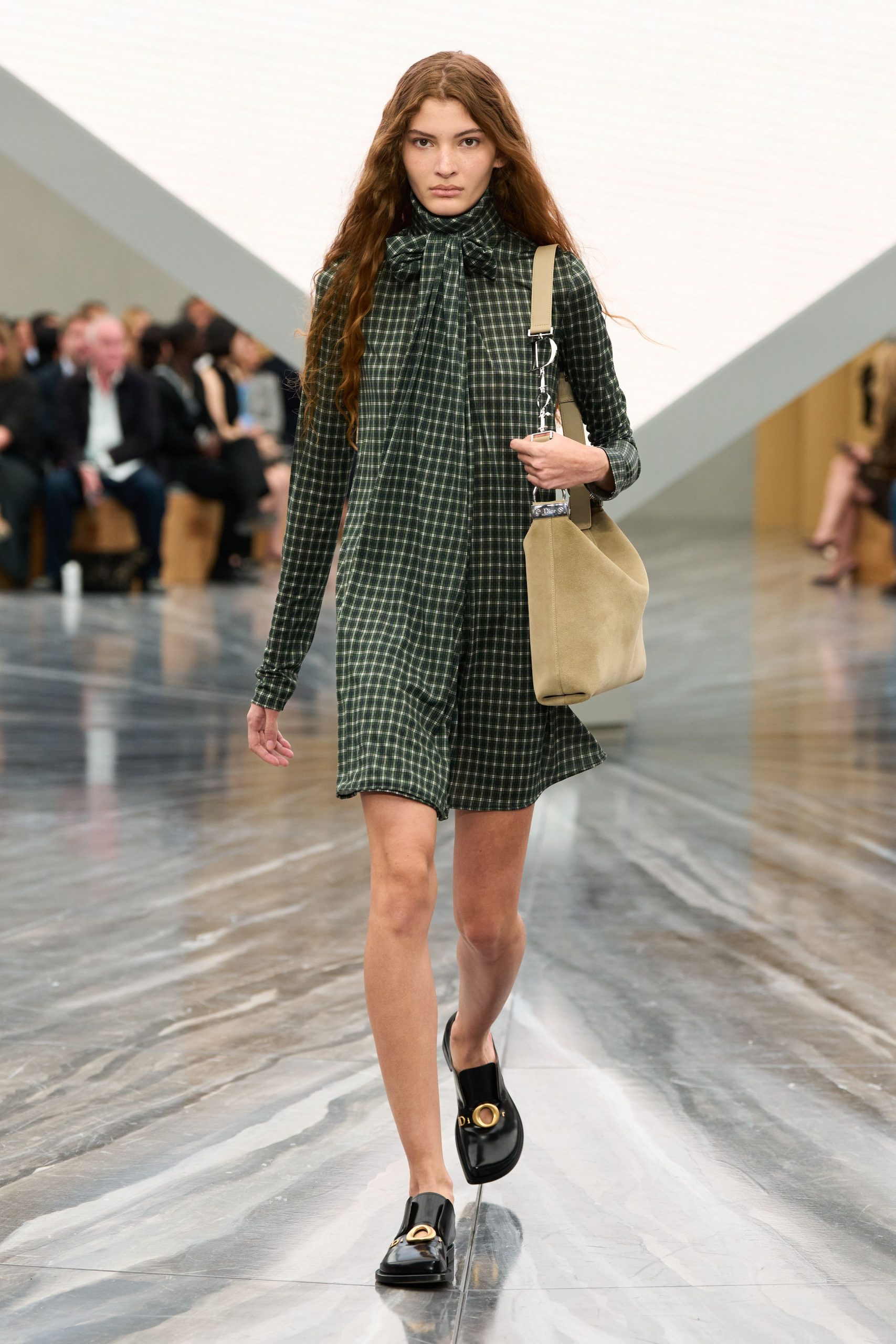 green cotton long-sleeve collared fitted checked short dress