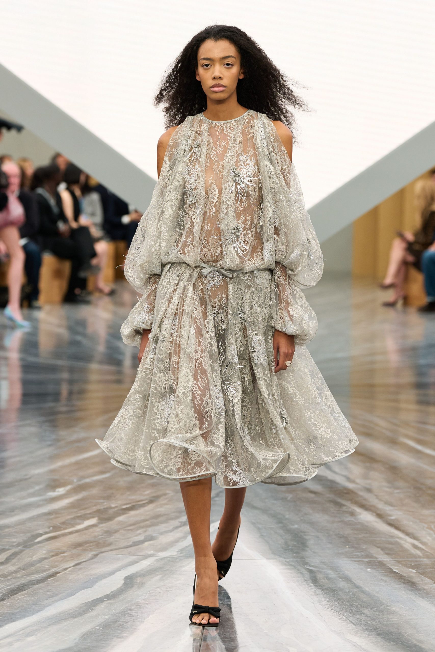 gray lace long-sleeve off-shoulder relaxed pleated layered dress