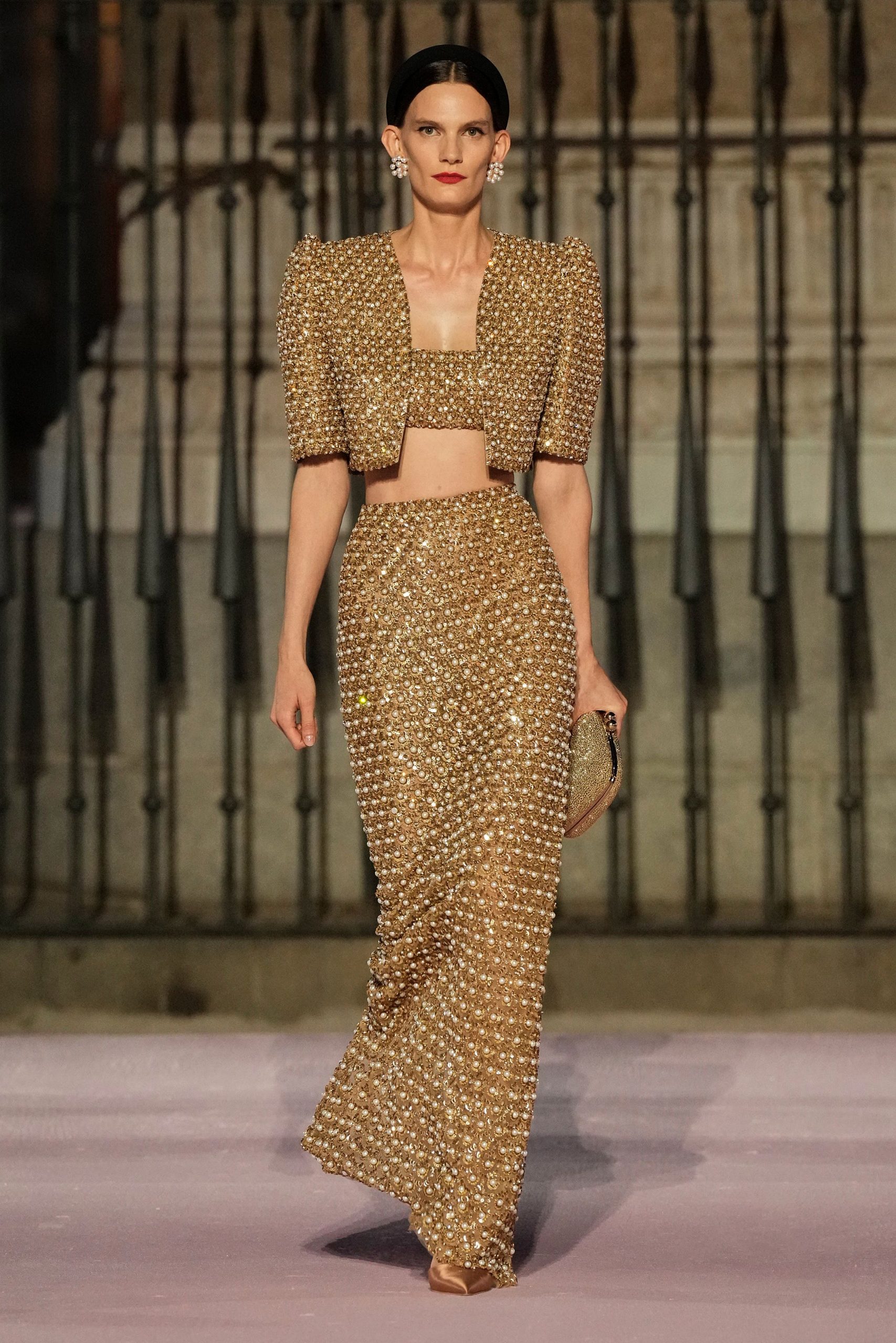 gold embellished top and skirt
