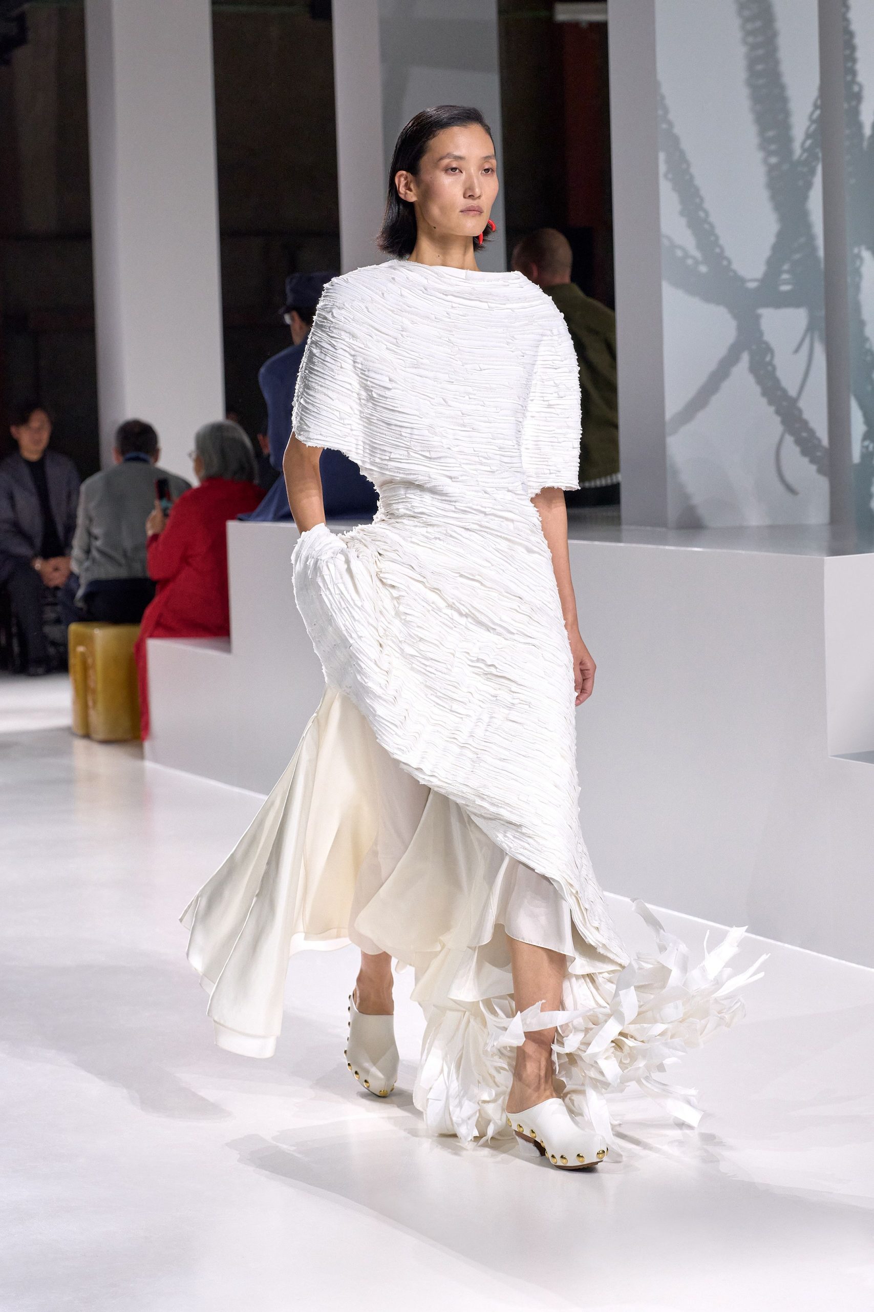 white silk short-sleeve v-neck fitted pleated layered dress