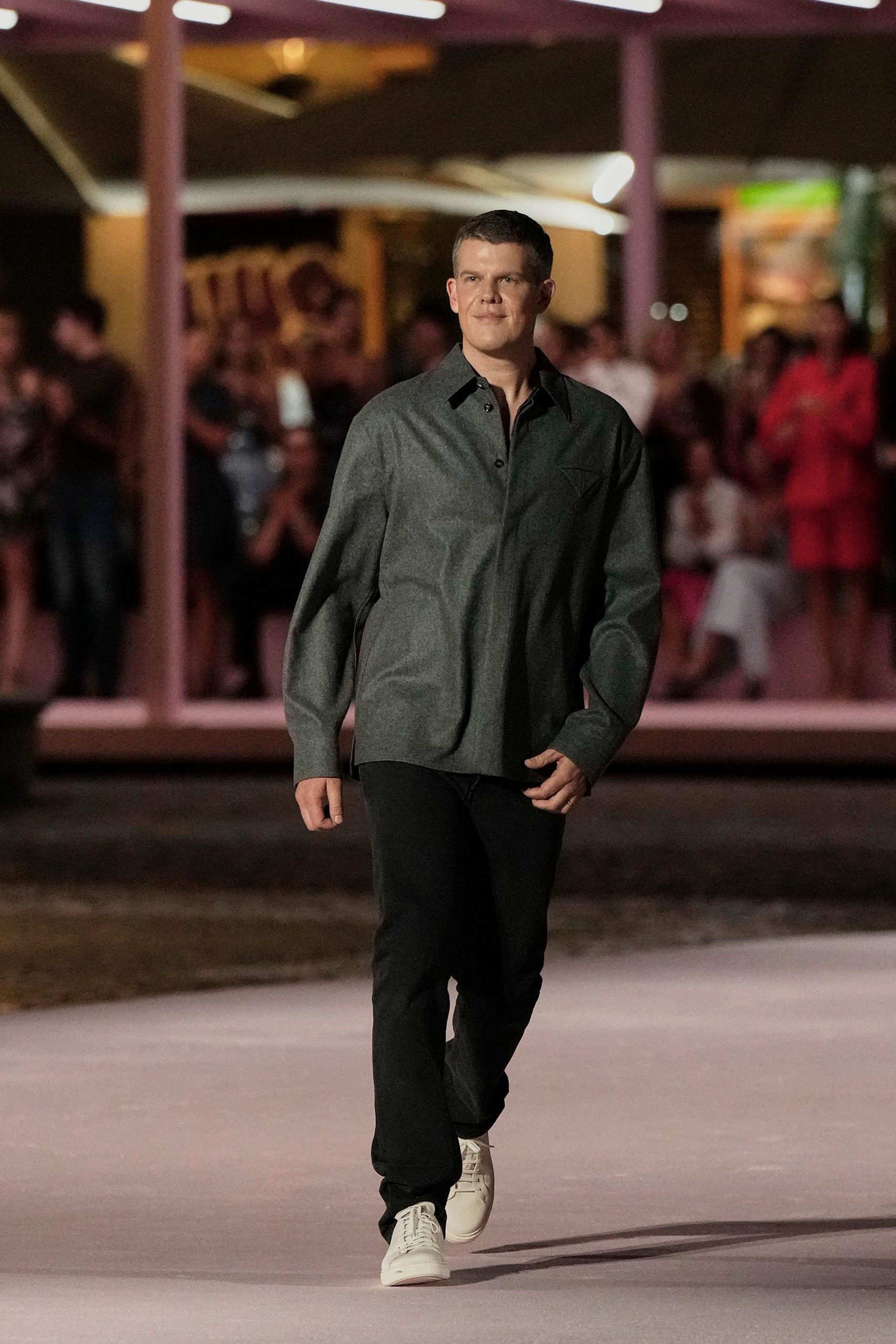 gray relaxed shirt with black pants