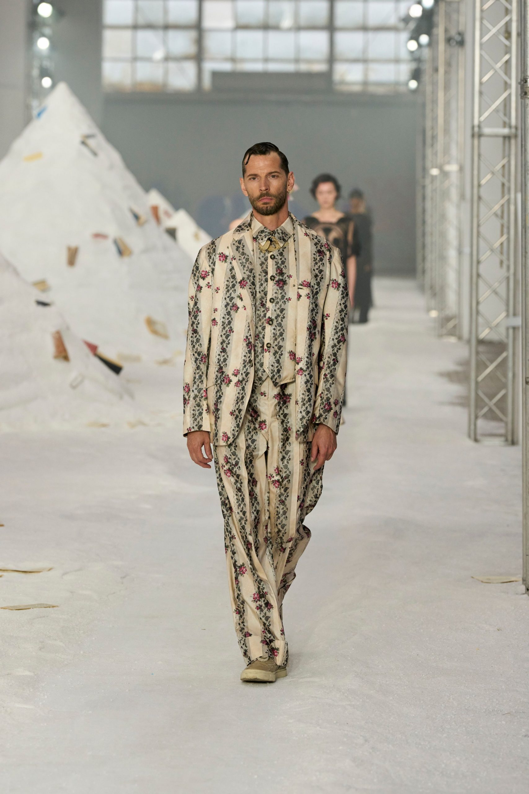beige printed suit with shoes