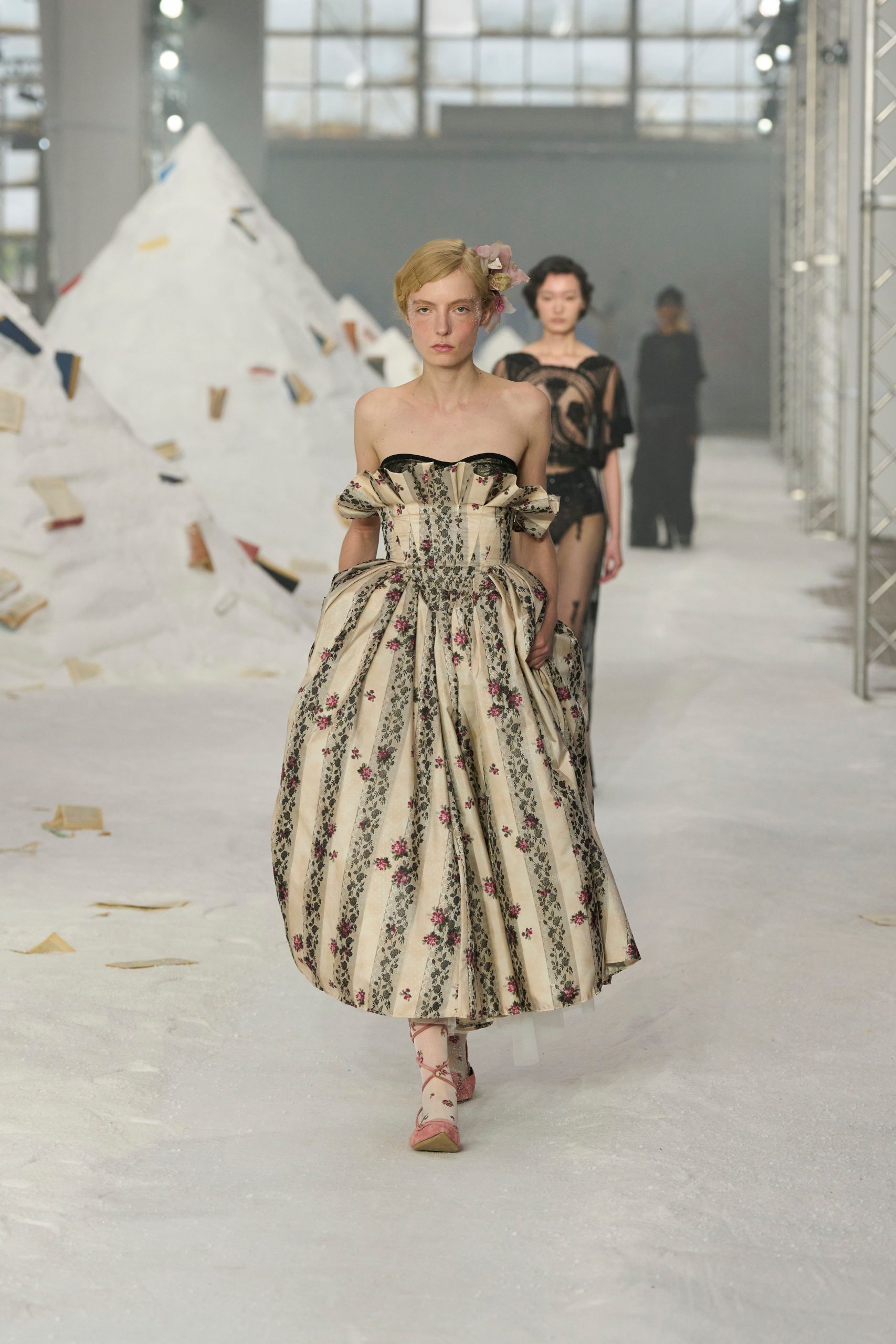 beige silk off-shoulder strapless fitted floral pleated gown
