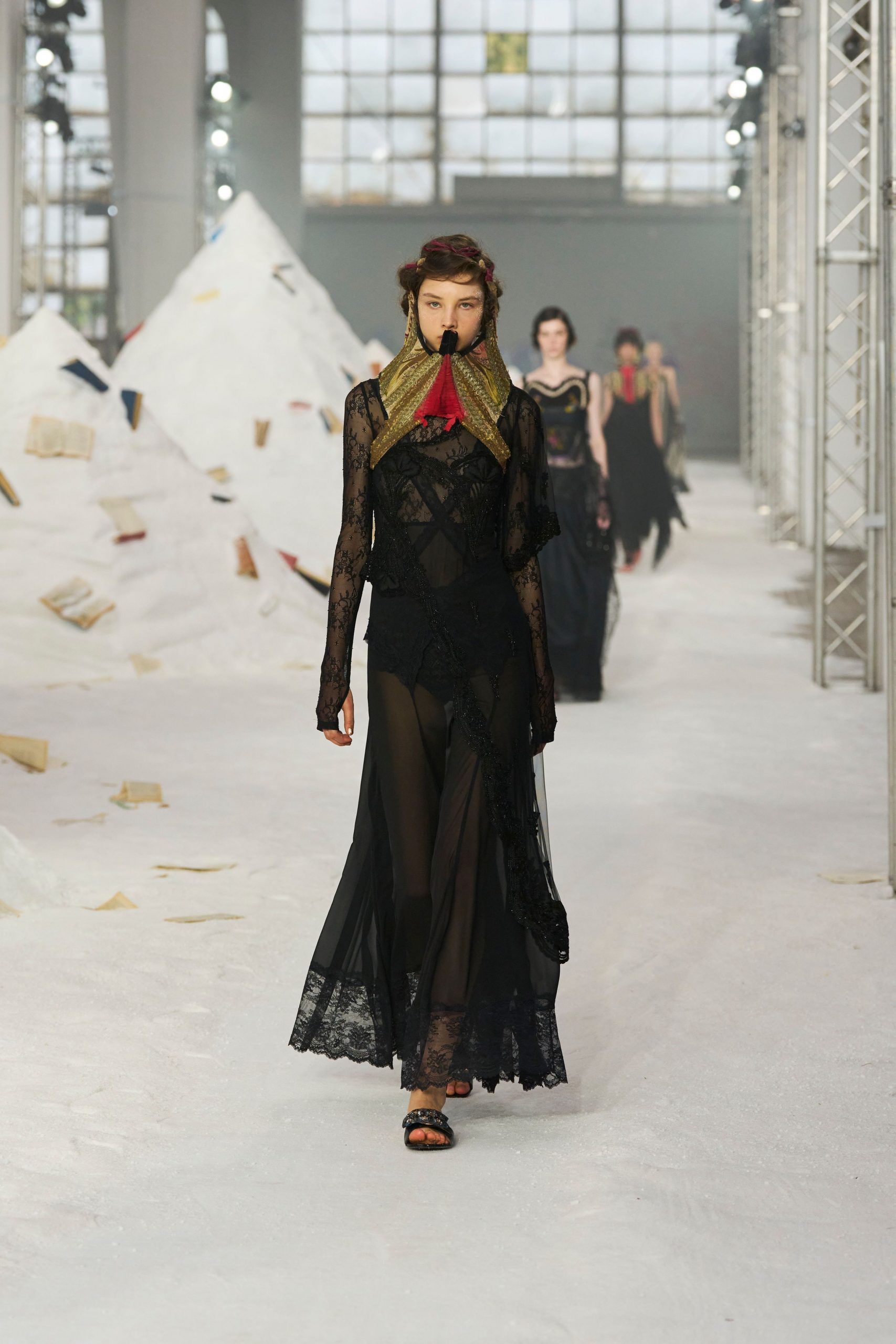 black lace maxi dress with flat shoes