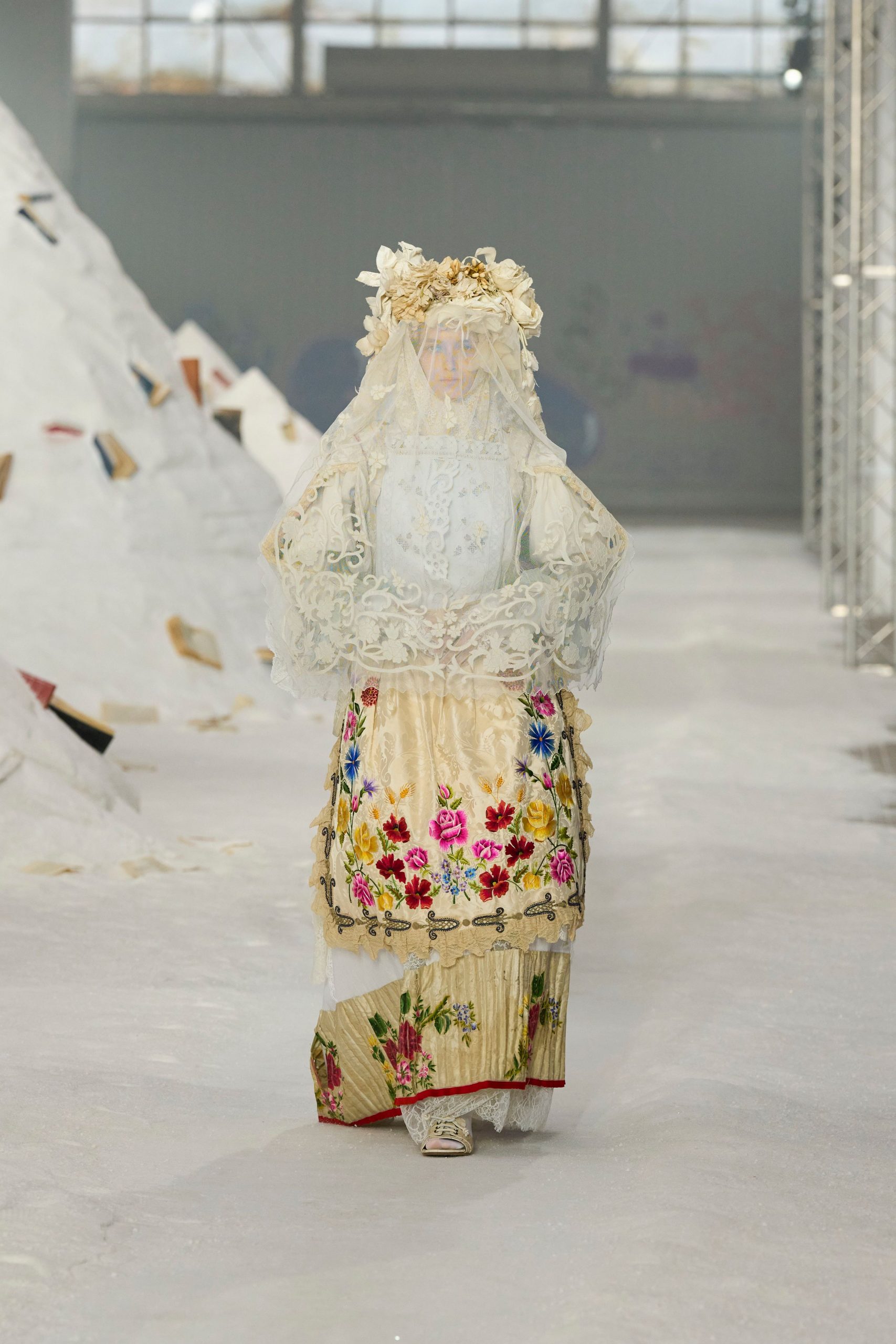 beige embroidered maxi gown with veil