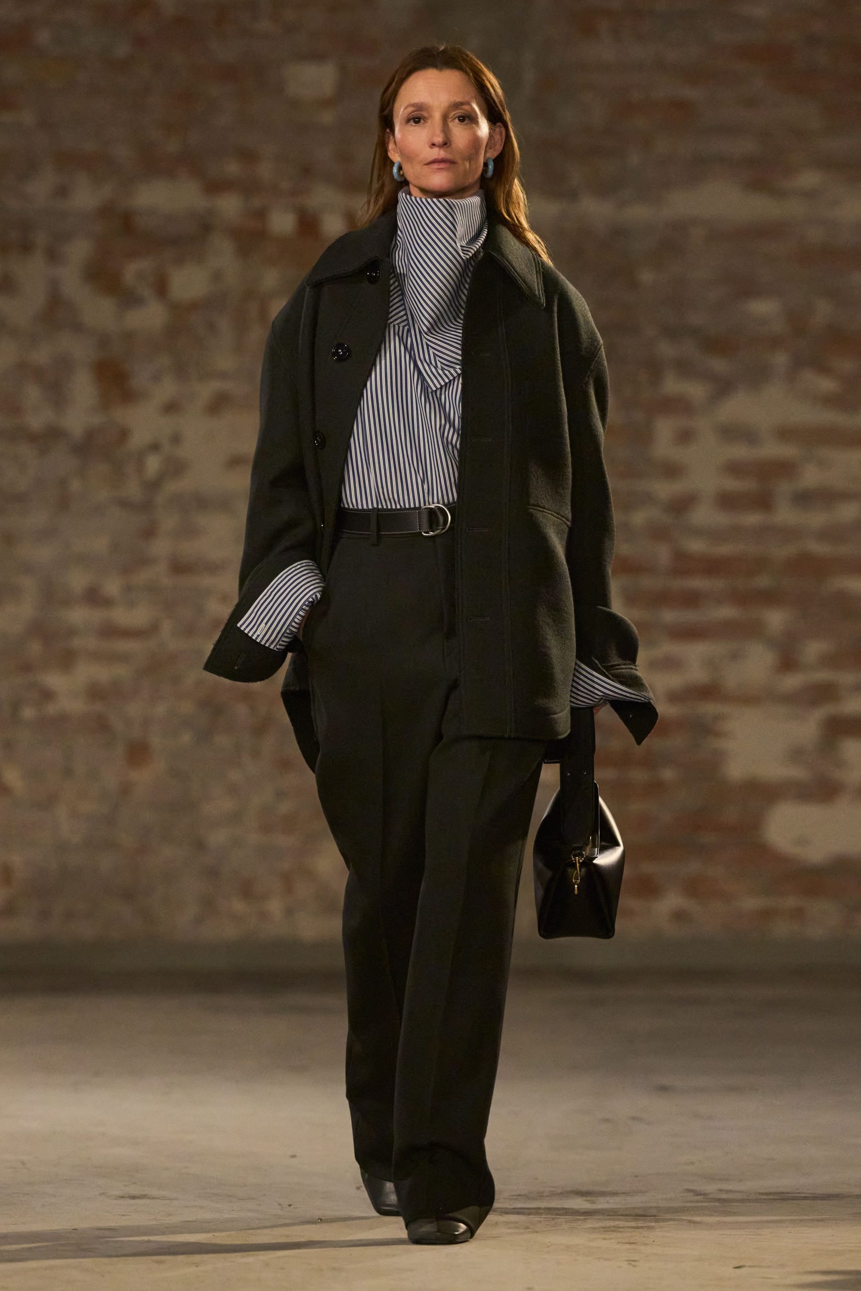 black wool coat with striped shirt