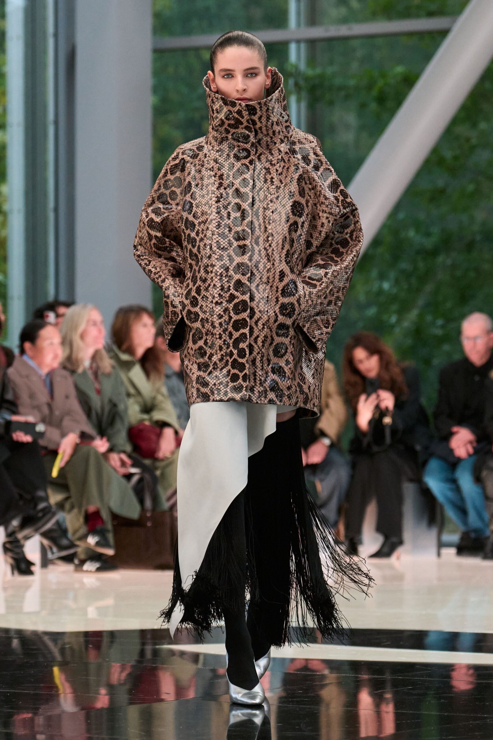 oversized animal-print coat with fringed detail