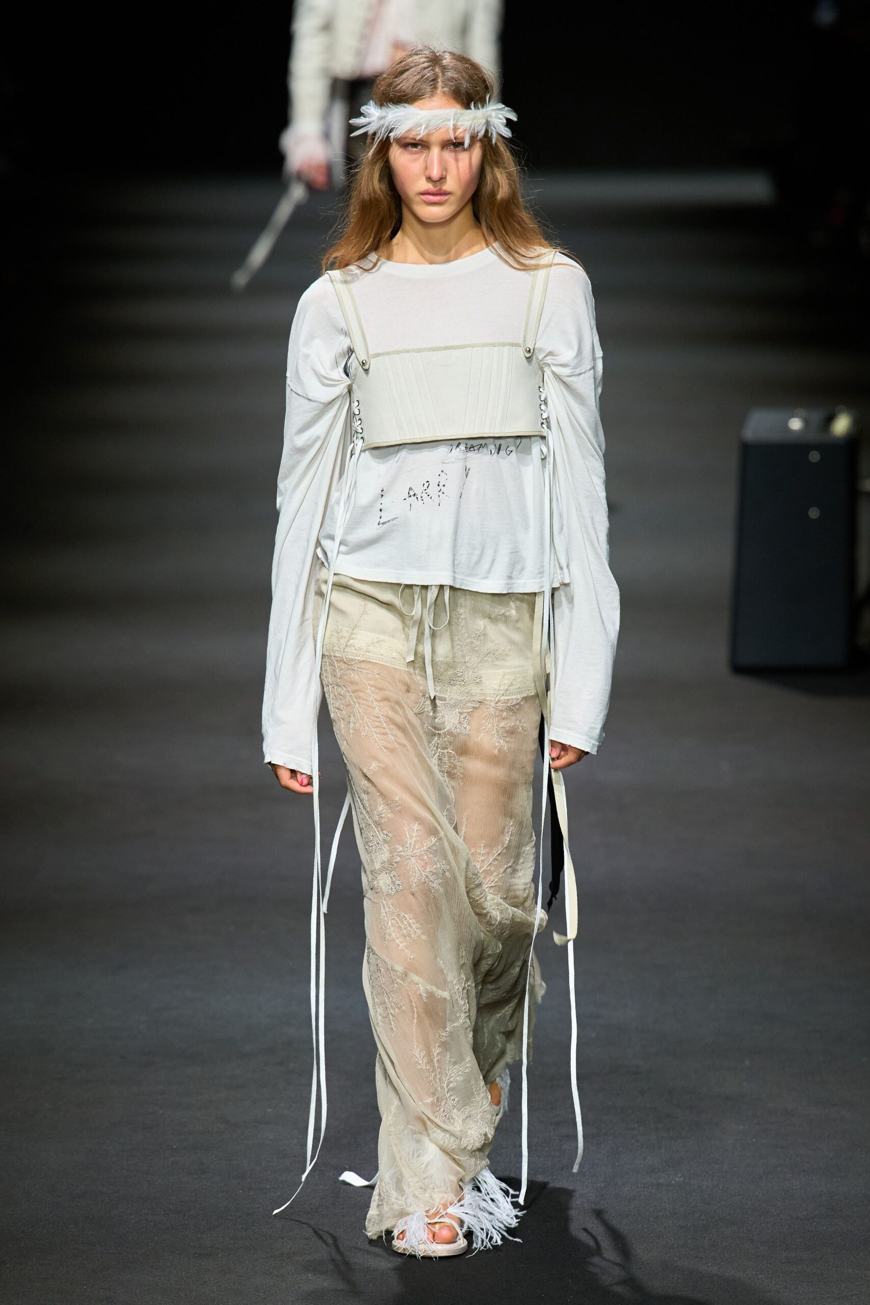 beige silk slit fitted flared sheer pants