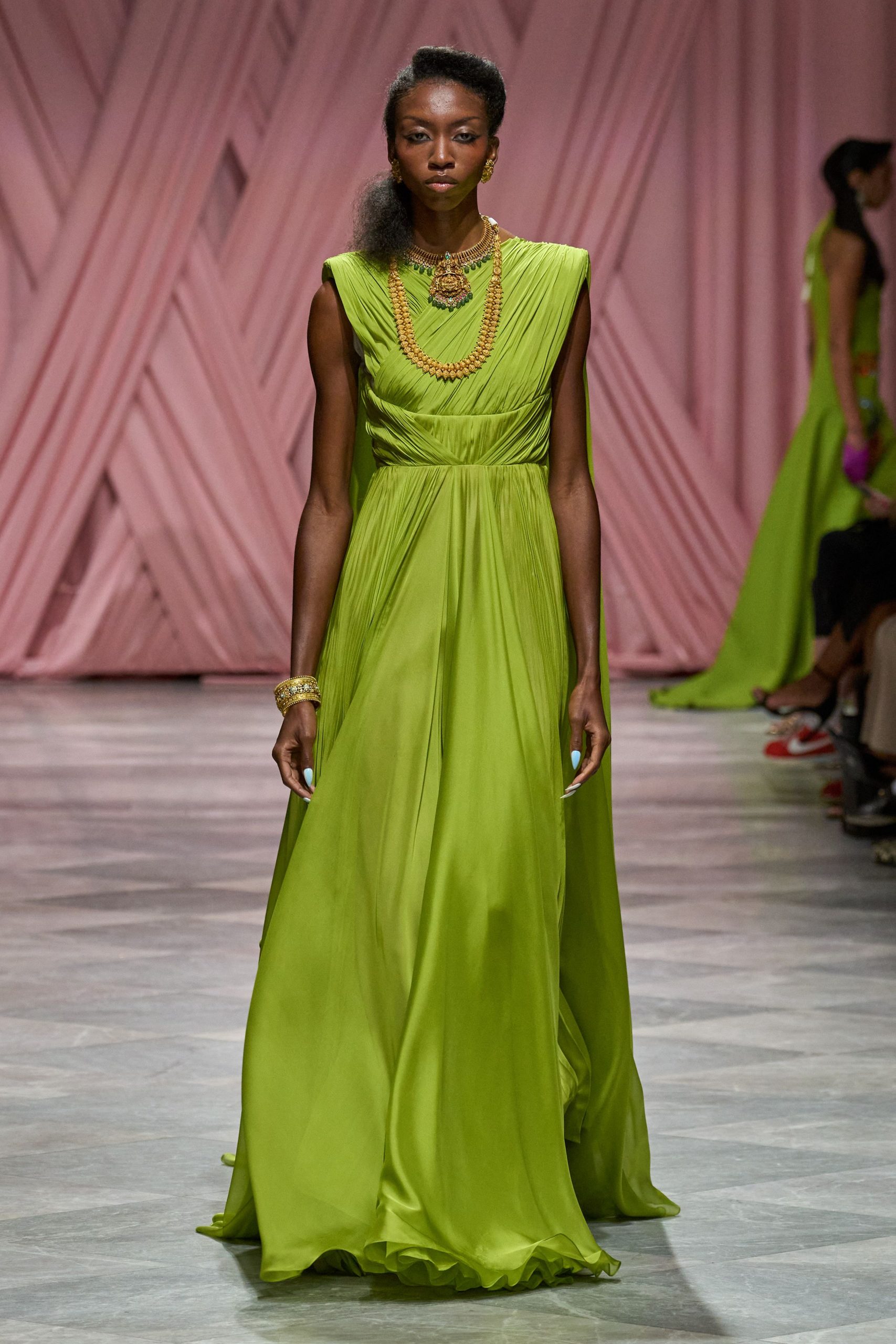 green silk sleeveless gown