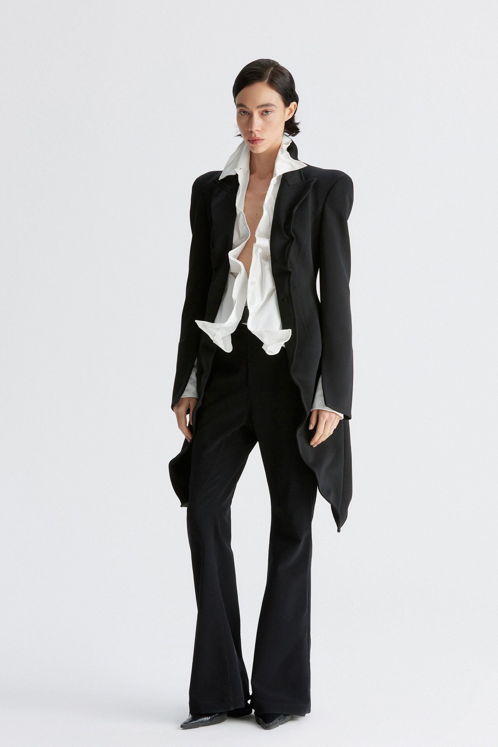 black silk long-sleeve collared structured ruffled blazer