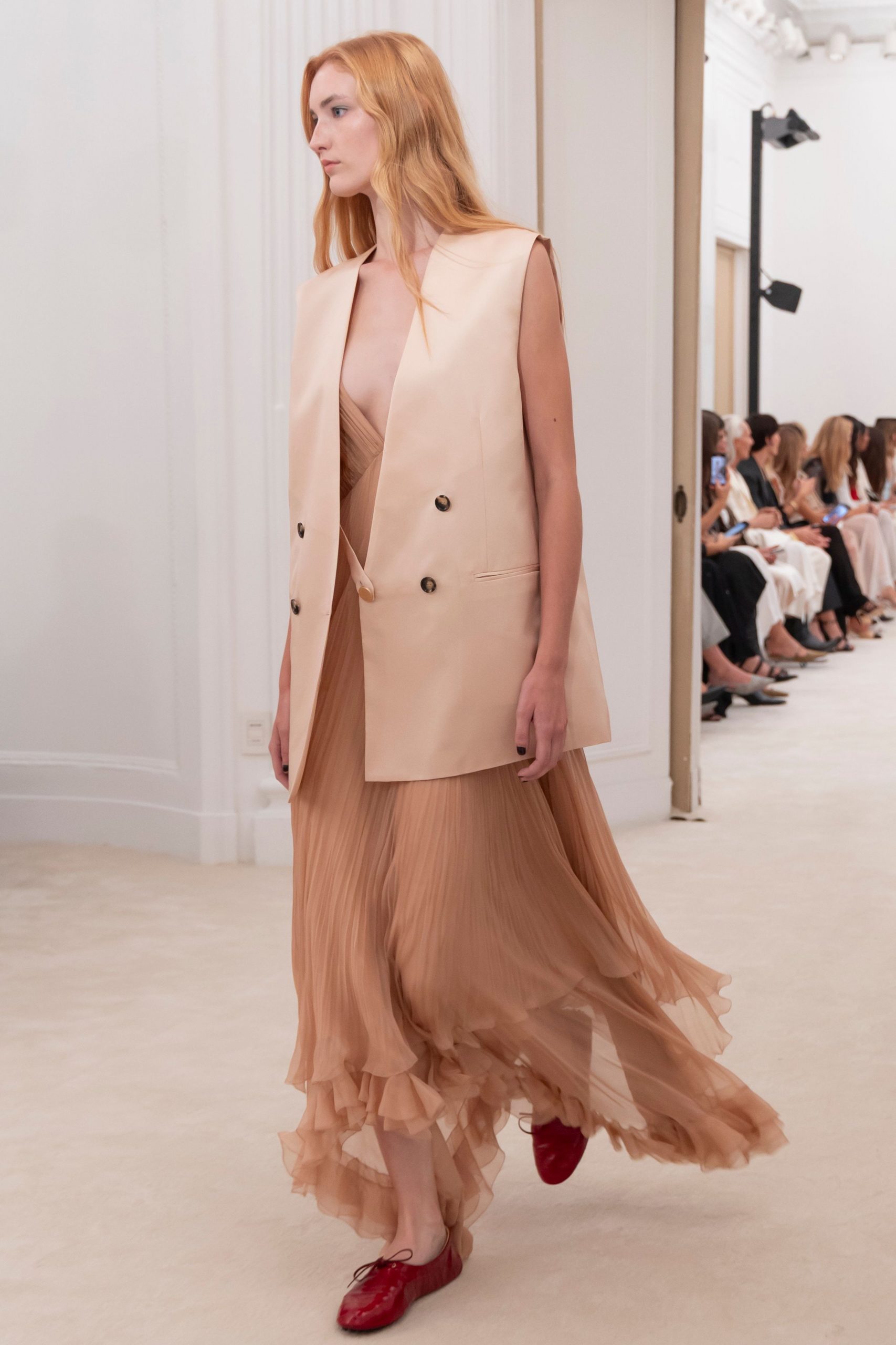 beige silk sleeveless v-neck fitted pleated layered dress