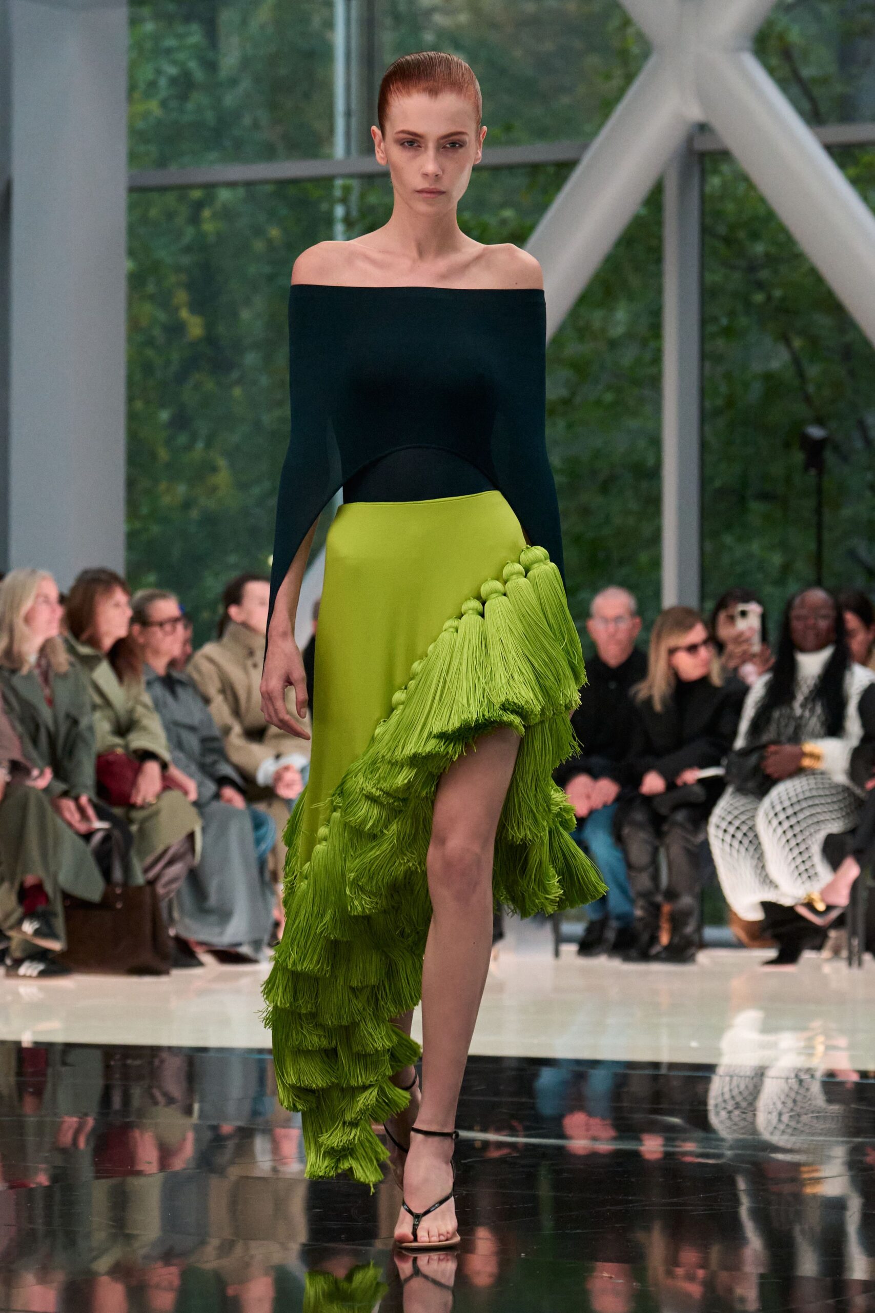 off-shoulder green fringe dress