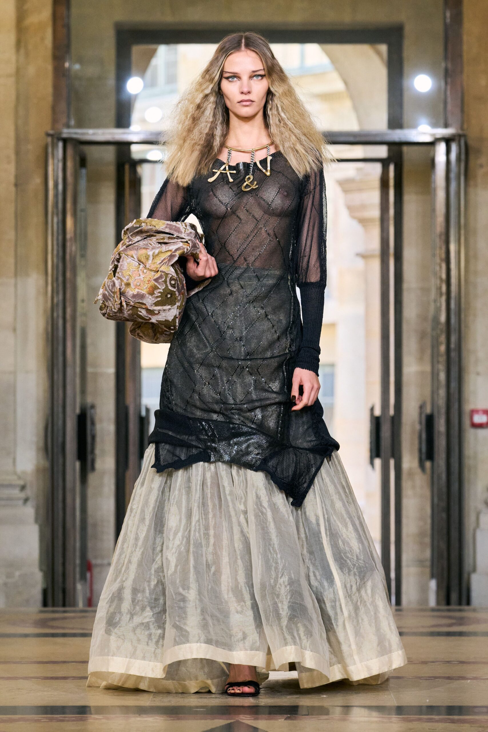 black silk long-sleeve v-neck fitted layered pleated dress
