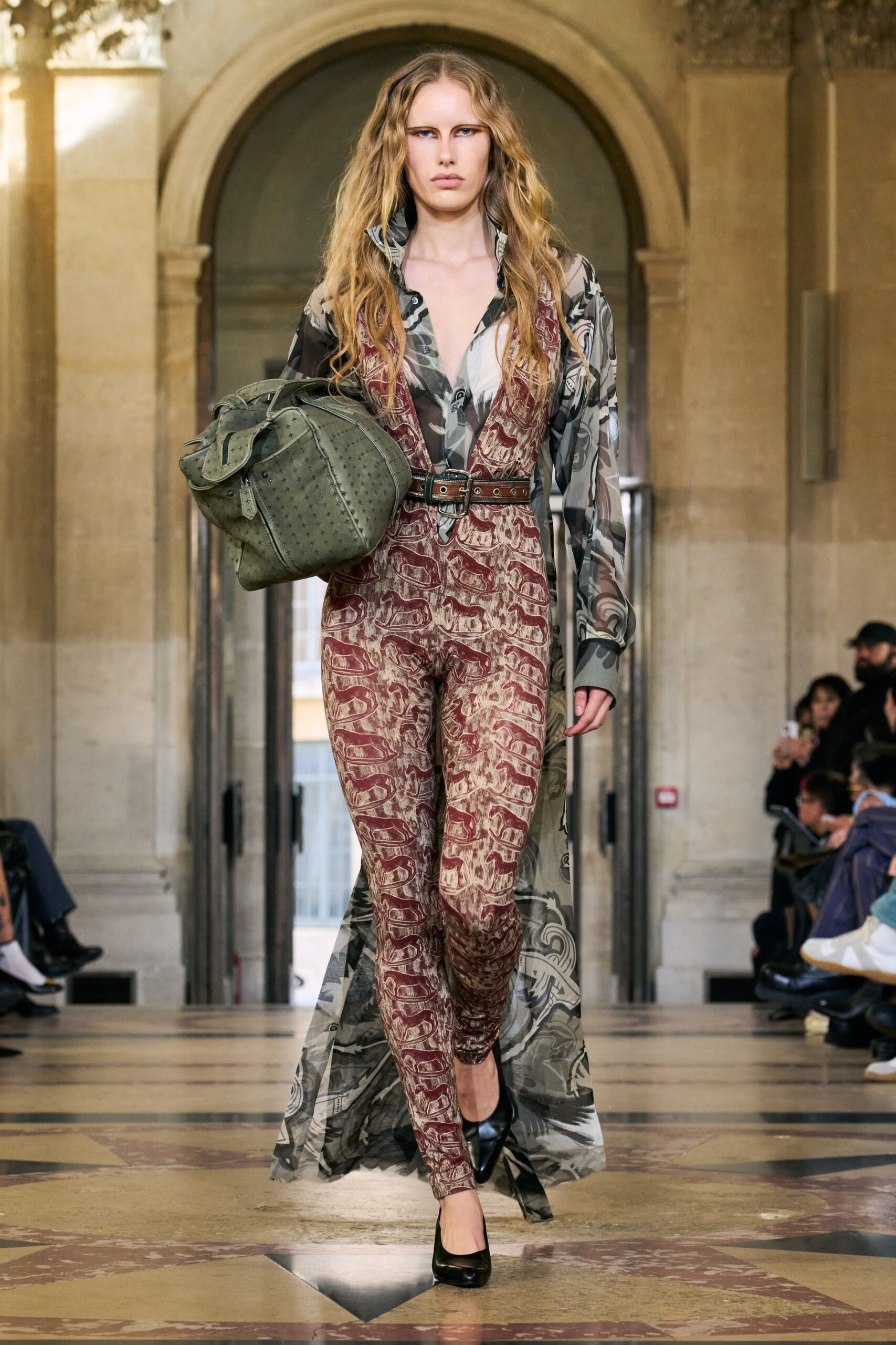red silk long-sleeve v-neck fitted printed jumpsuit