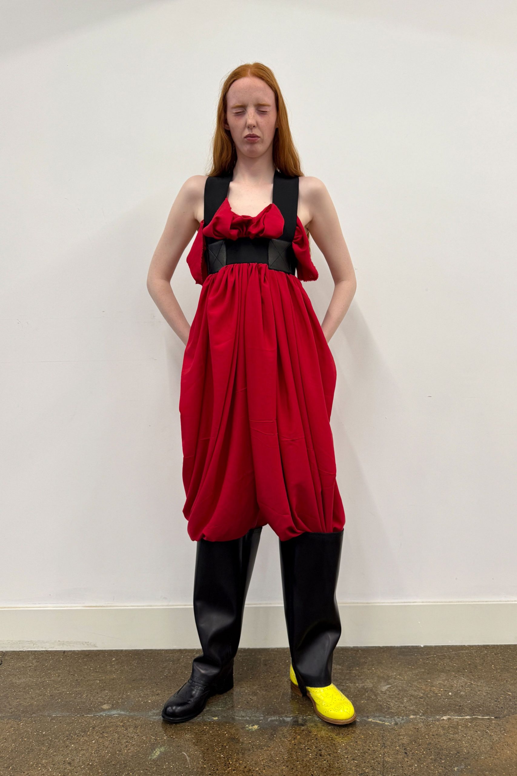 red cotton sleeveless relaxed draped dress