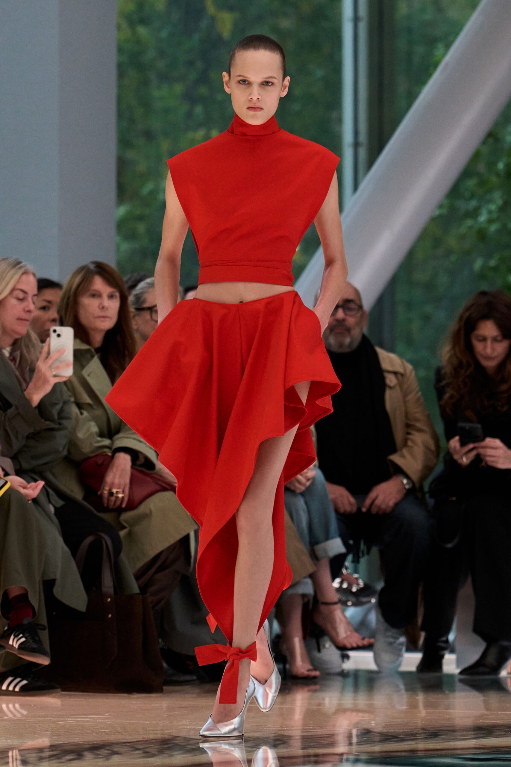 red cropped top with asymmetric skirt