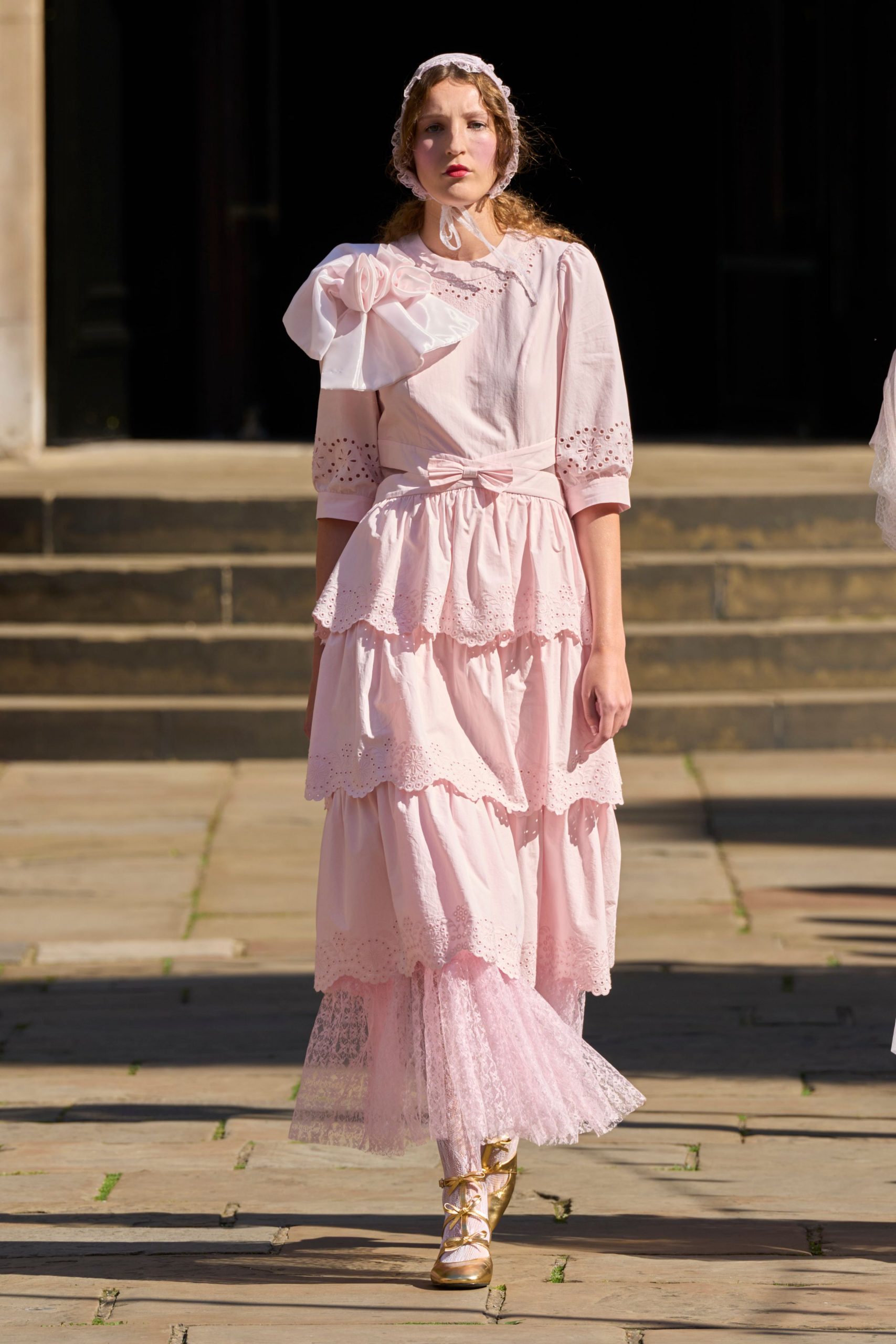 pink cotton long-sleeve collared fitted tiered ruffled dress