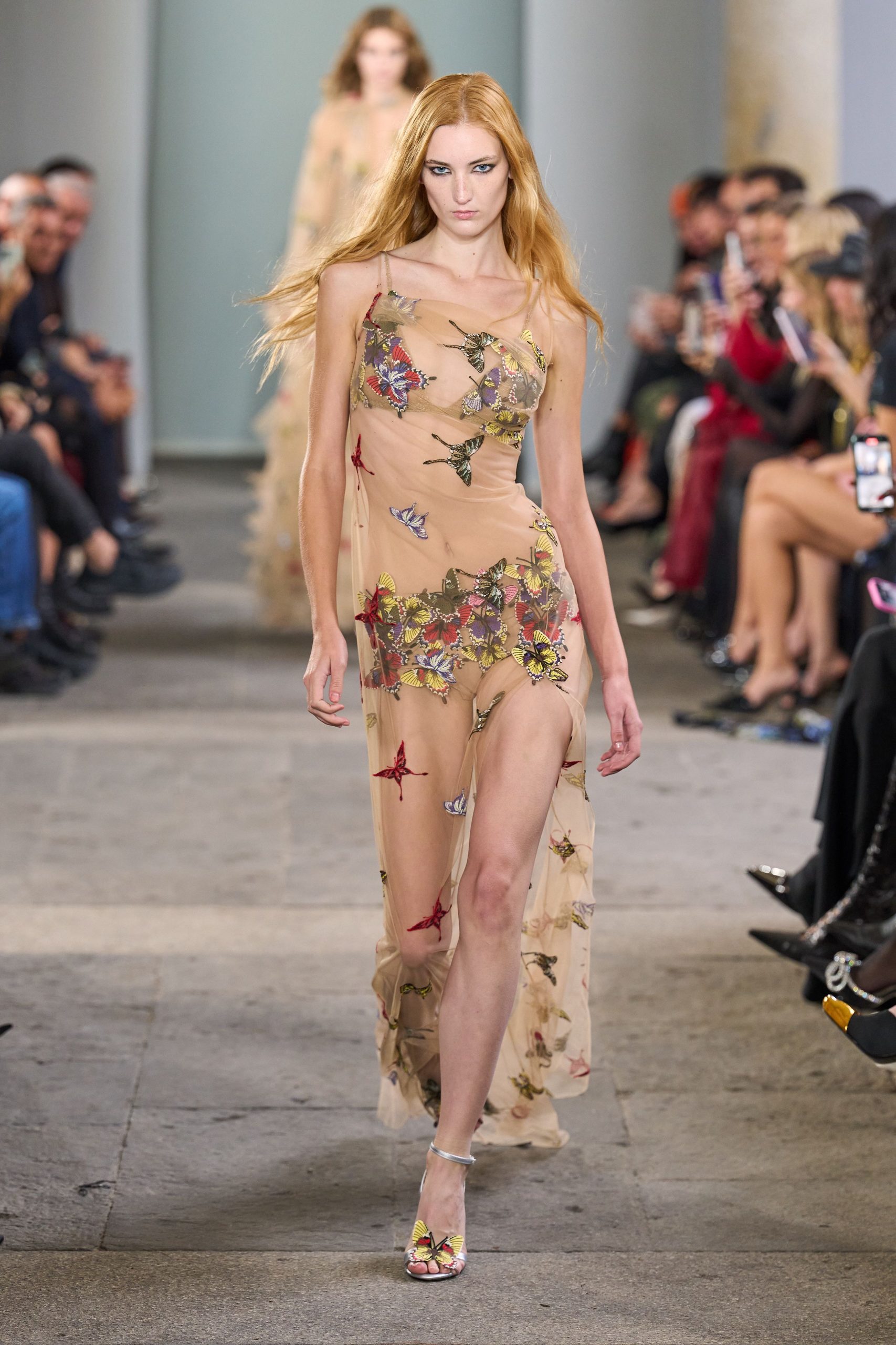 beige silk embroidered gown