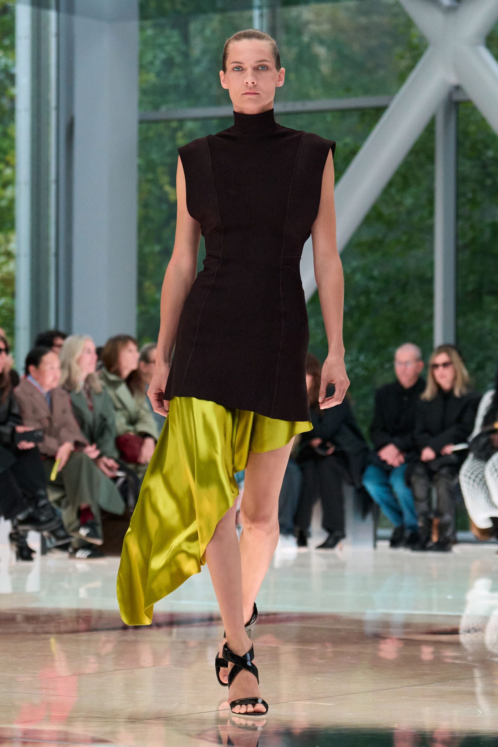 black silk sleeveless high-neck fitted draped short dress