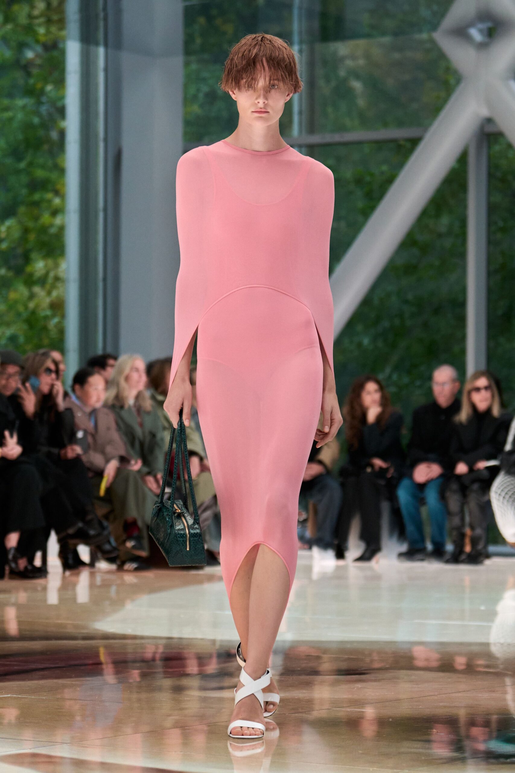 pink fitted asymmetric midi dress