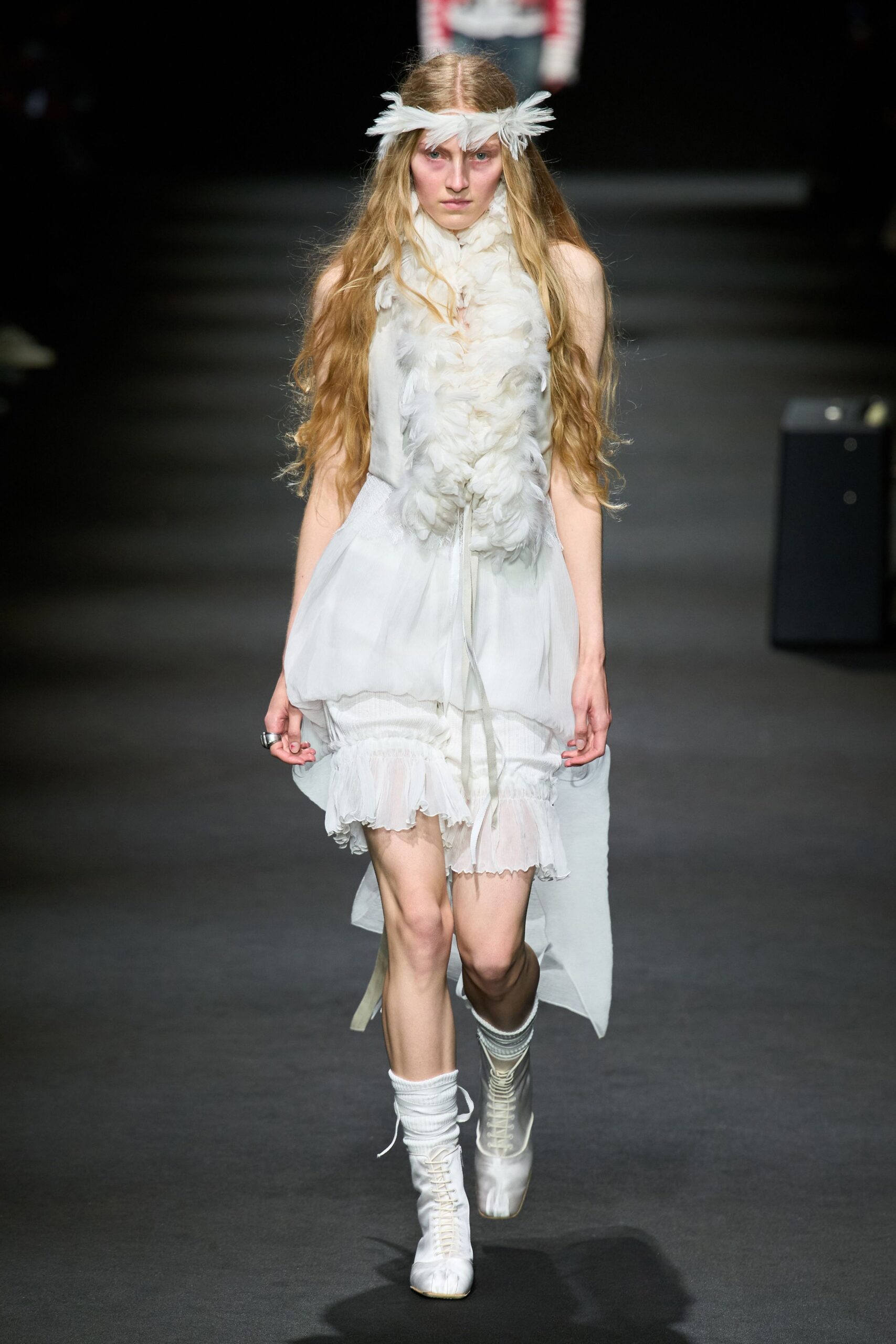 white ruffled mini dress with boots