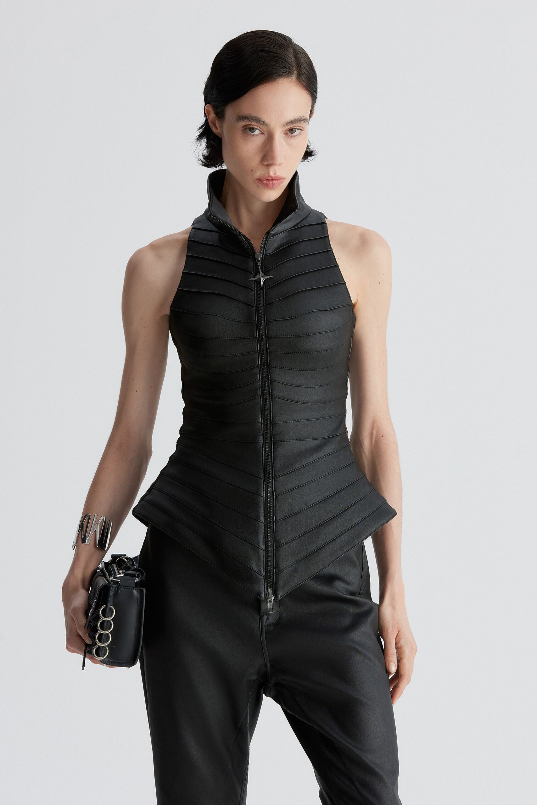 black leather fitted top and pants