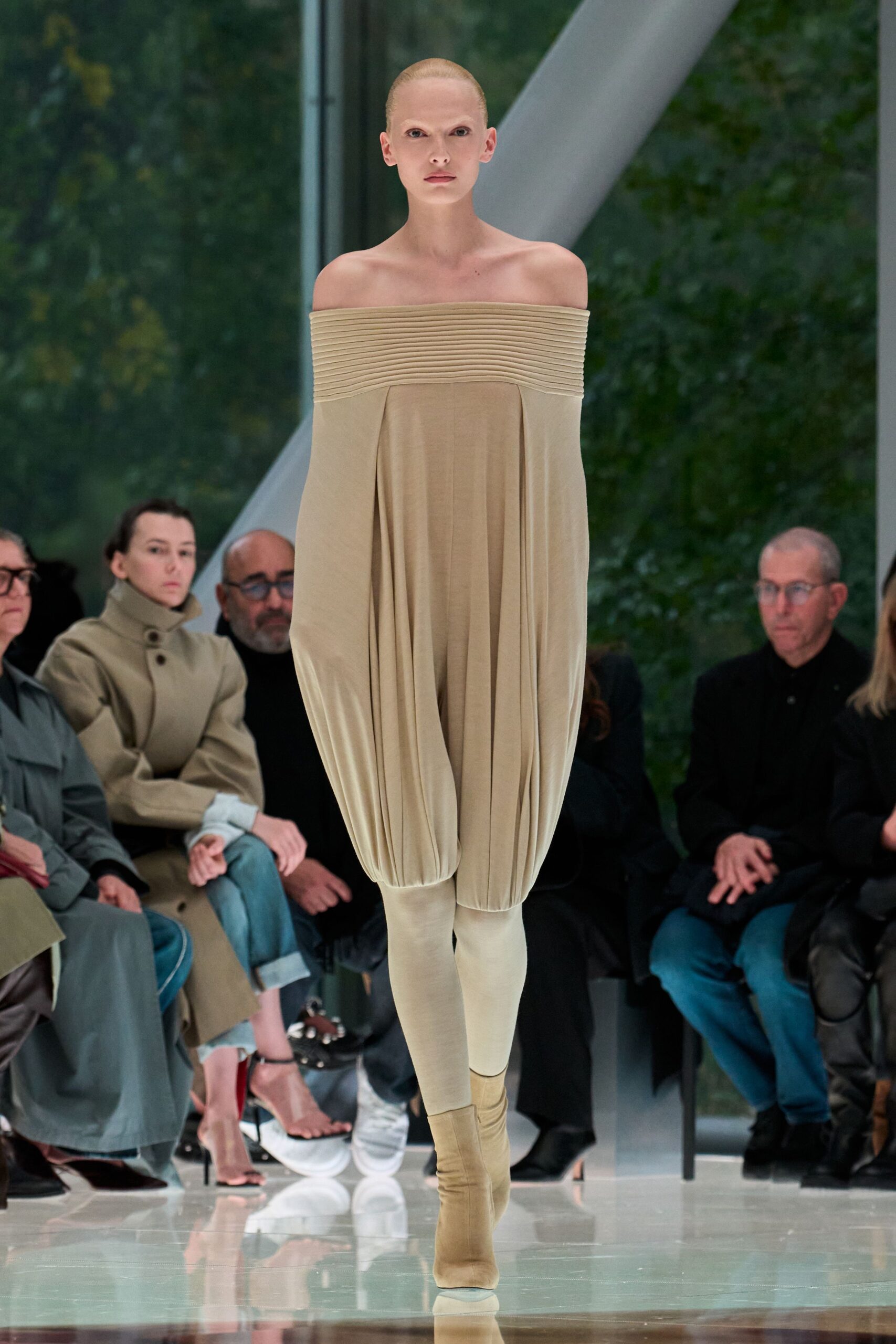 beige off-shoulder midi dress