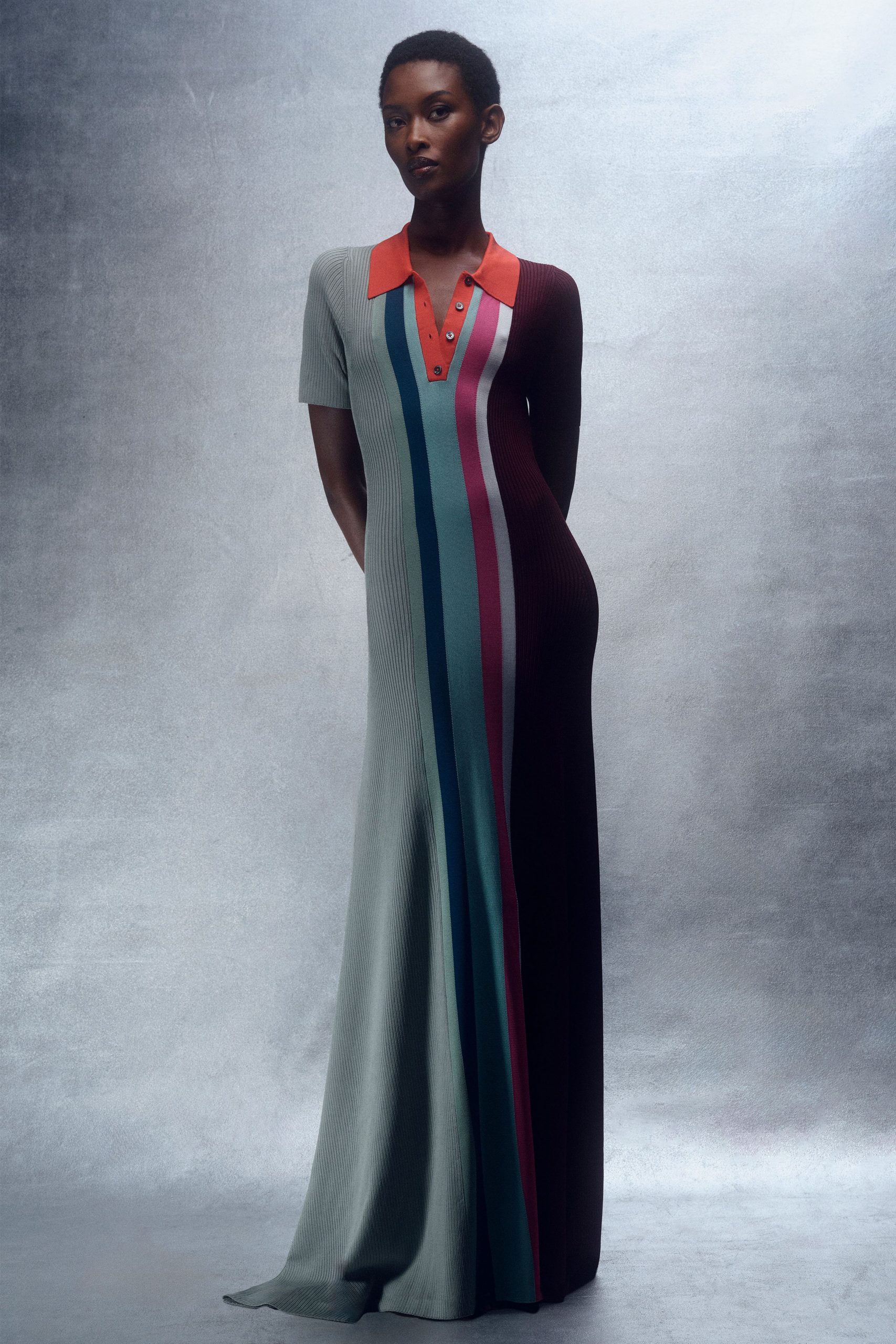 striped fitted maxi gown