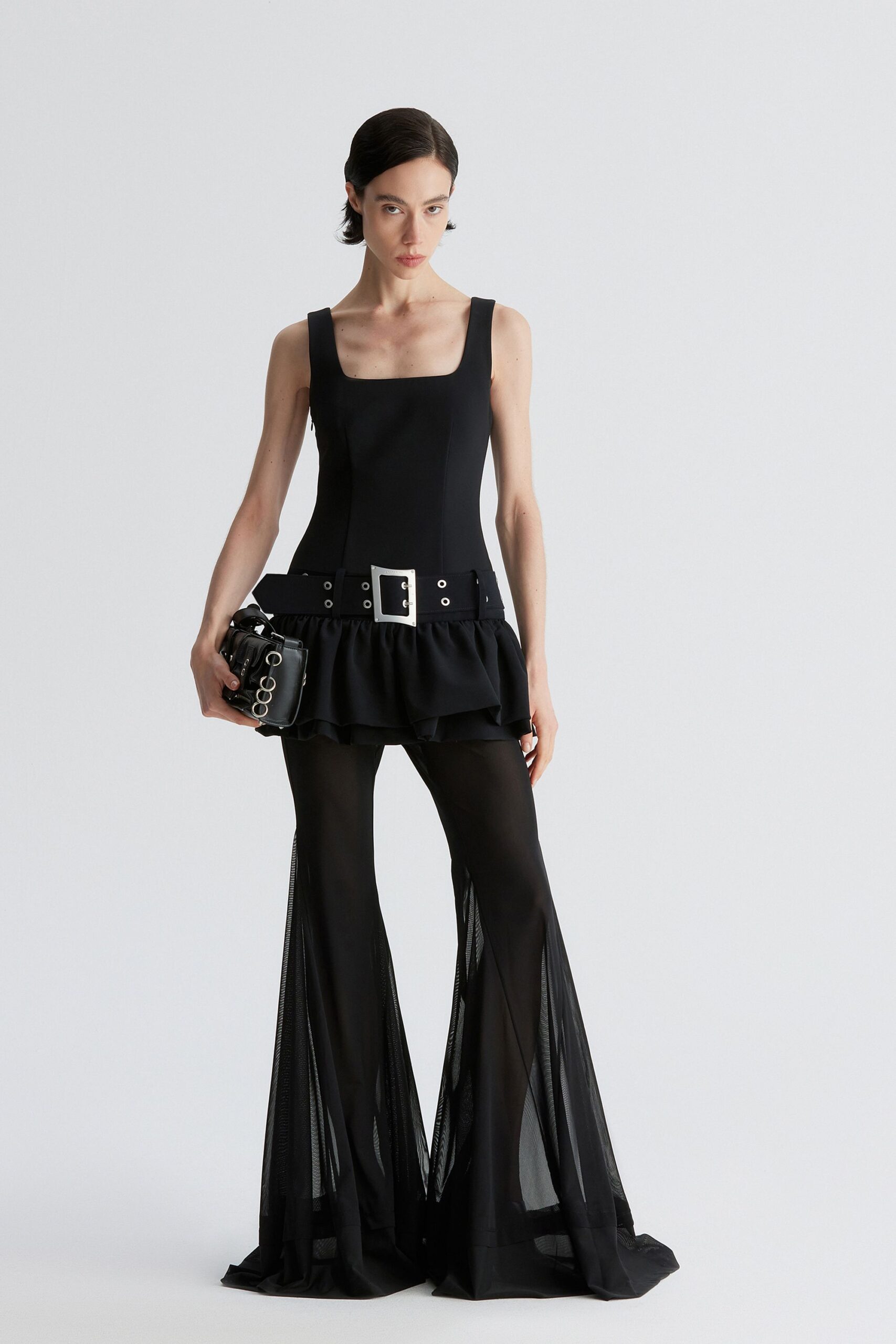 black mesh long-sleeve fitted flared sheer pants