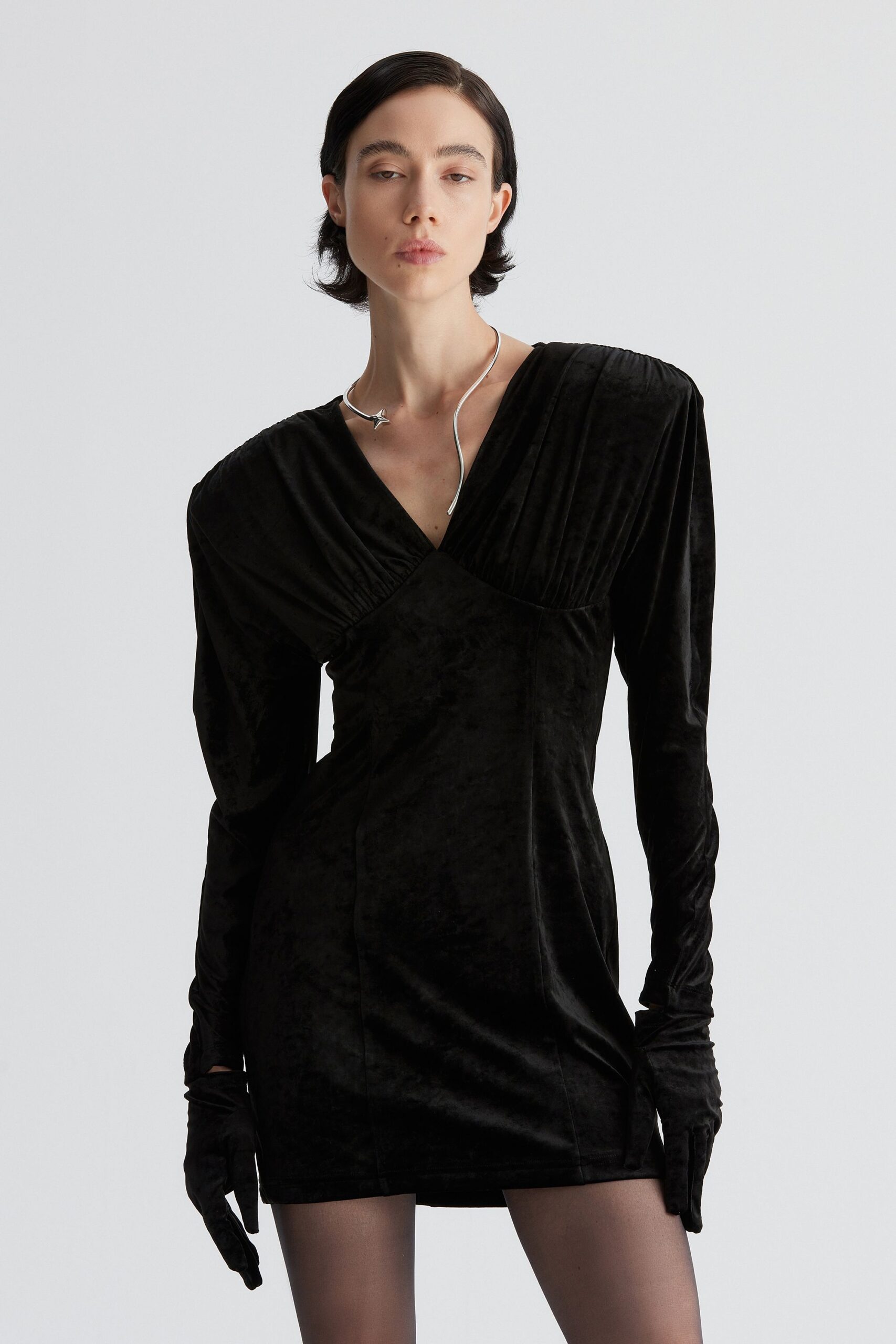 black velvet mini dress with gloves