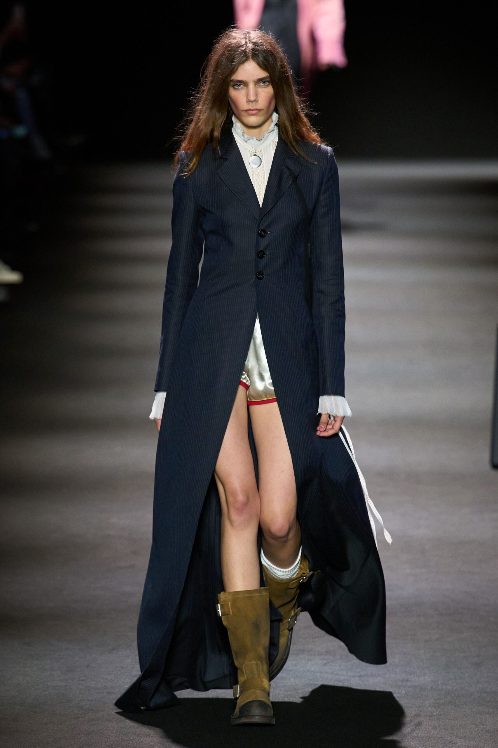 blue cotton long-sleeve collared fitted pleated maxi coat