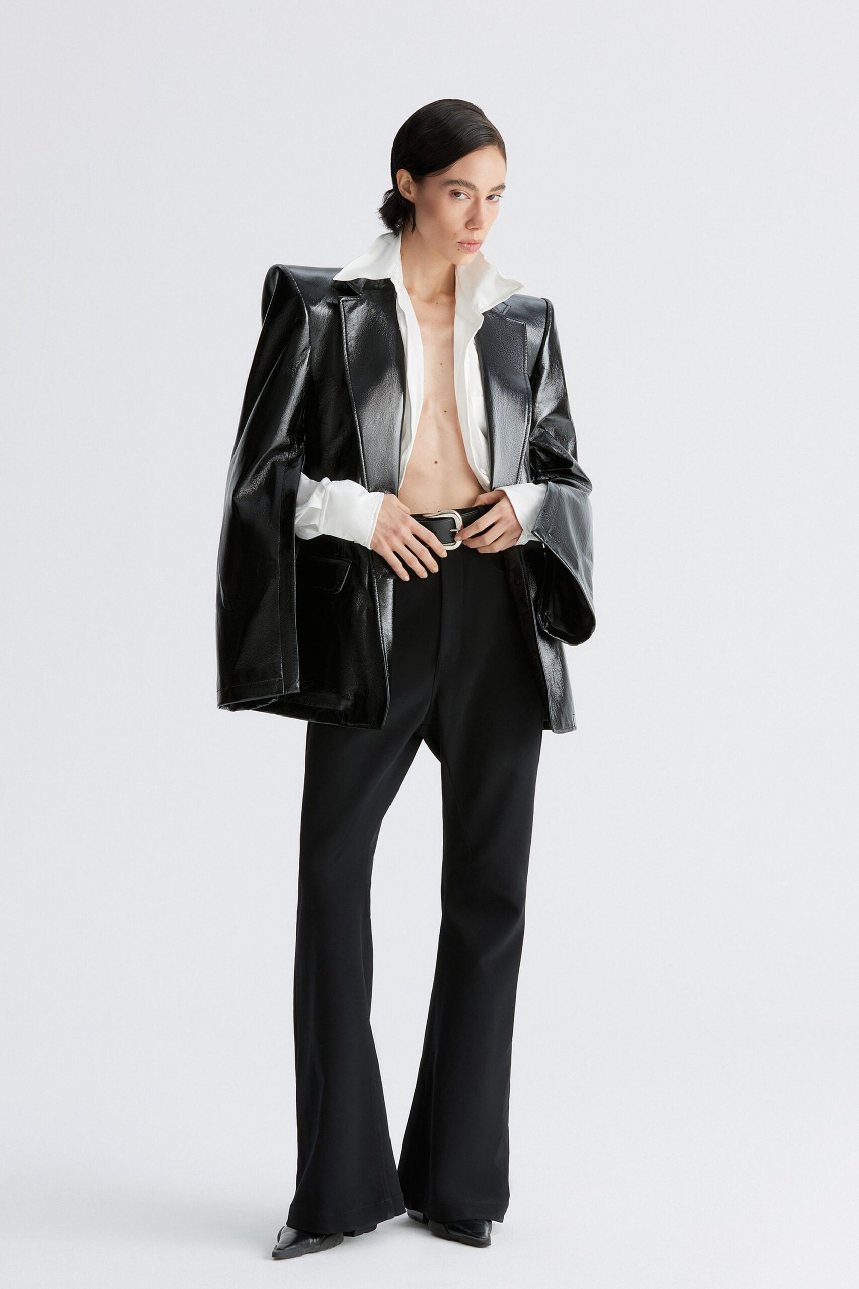 black leather blazer with white shirt