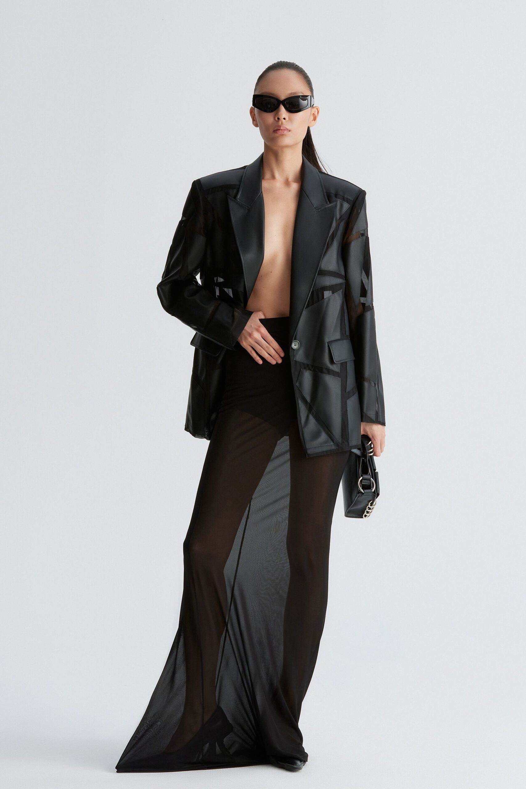 black vinyl long-sleeve collared oversized buttoned shiny blazer