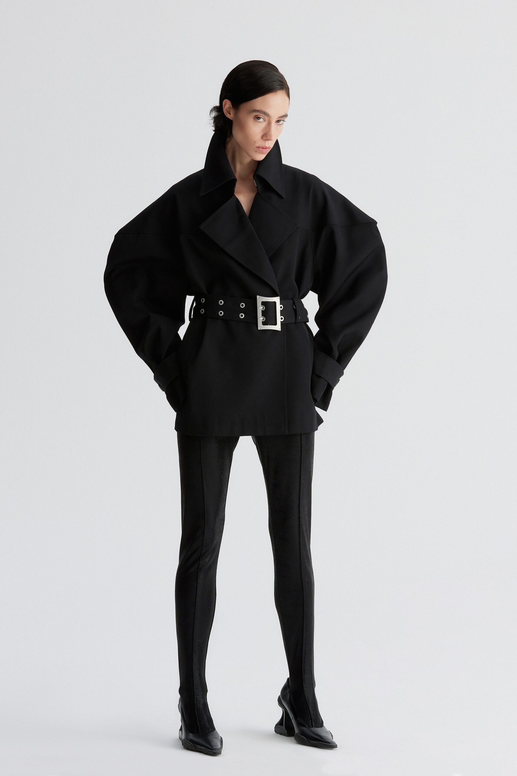 oversized black jacket with fitted pants