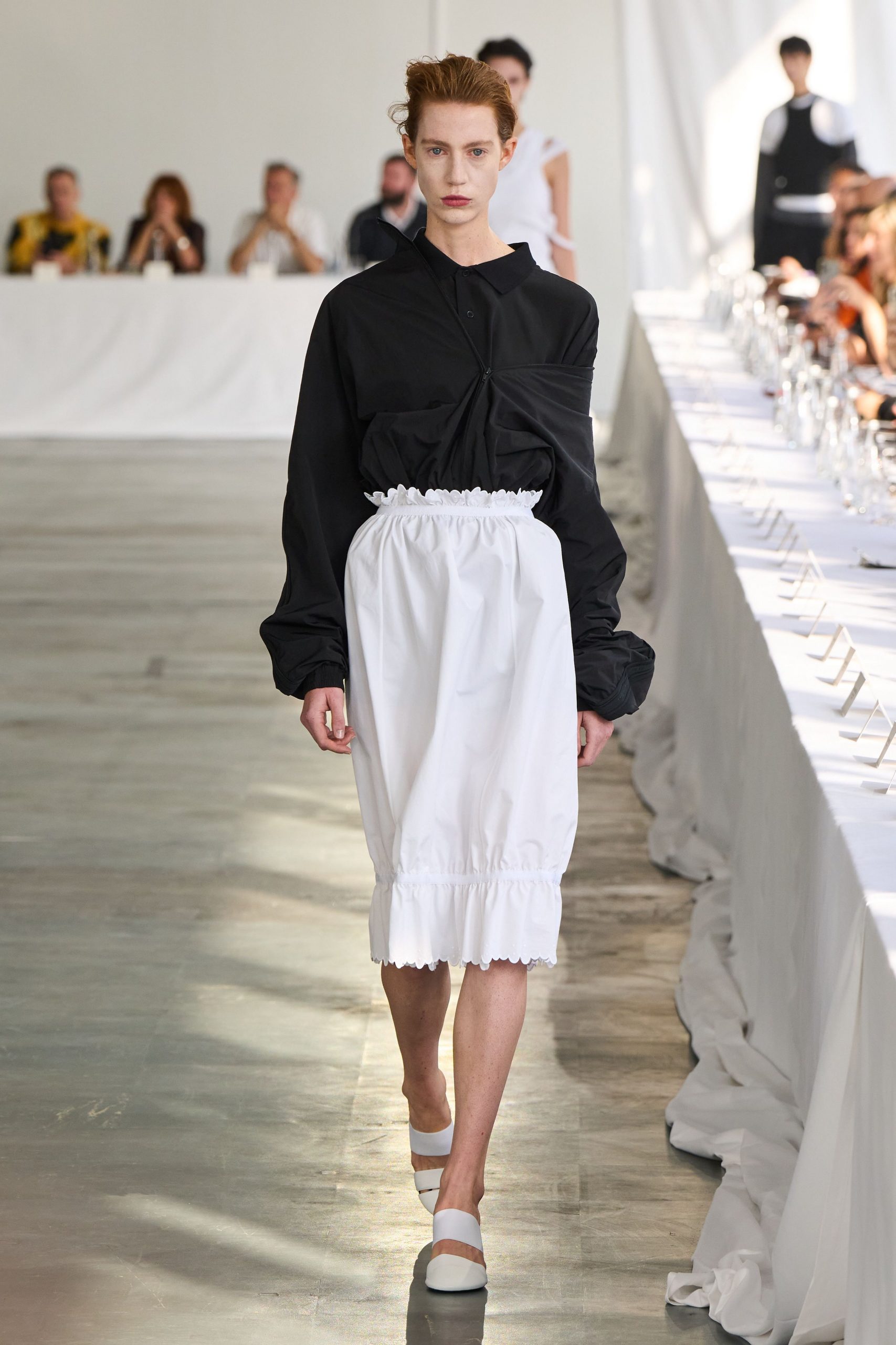 black top white midi skirt