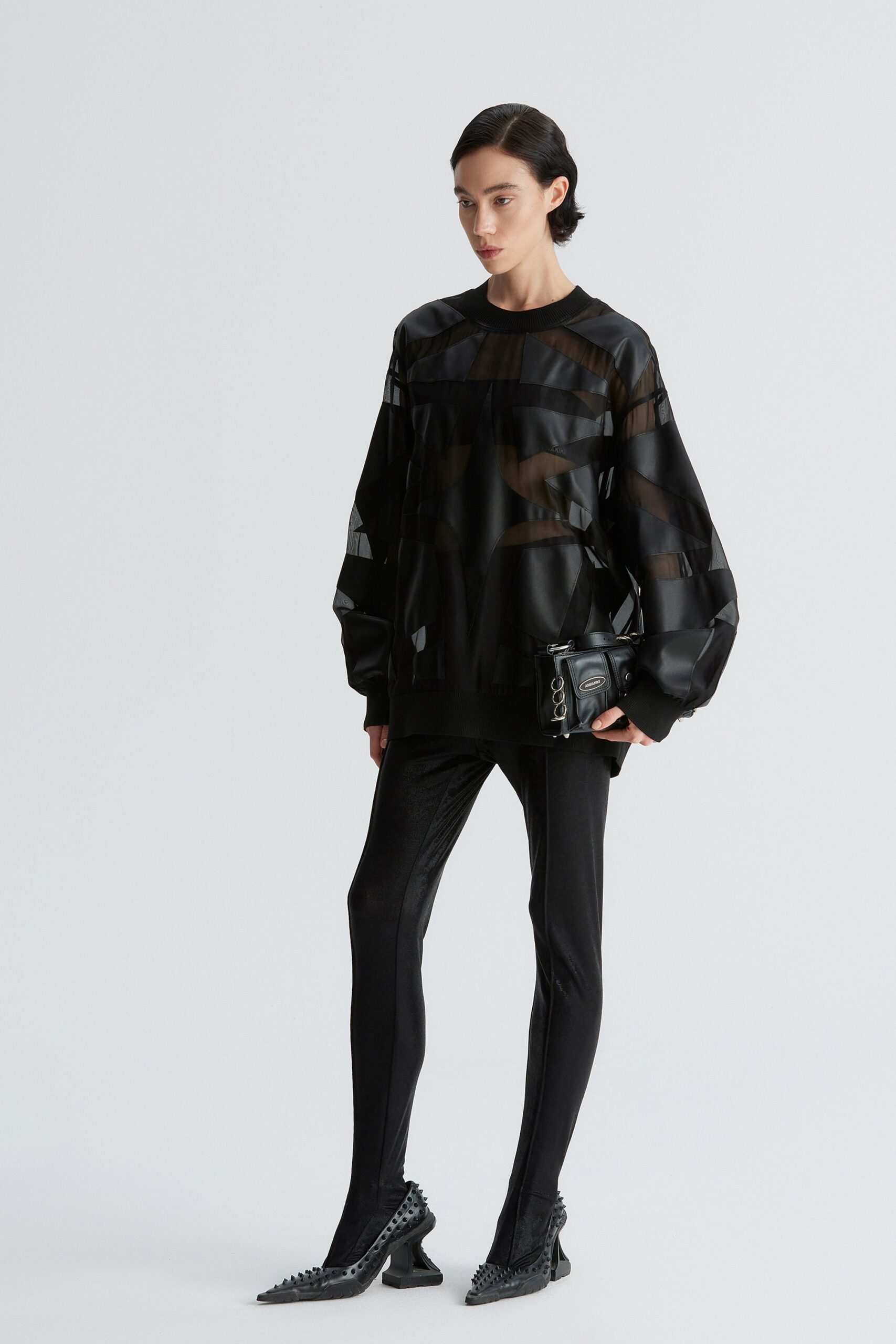 black vinyl long-sleeve collared relaxed layered sheer top