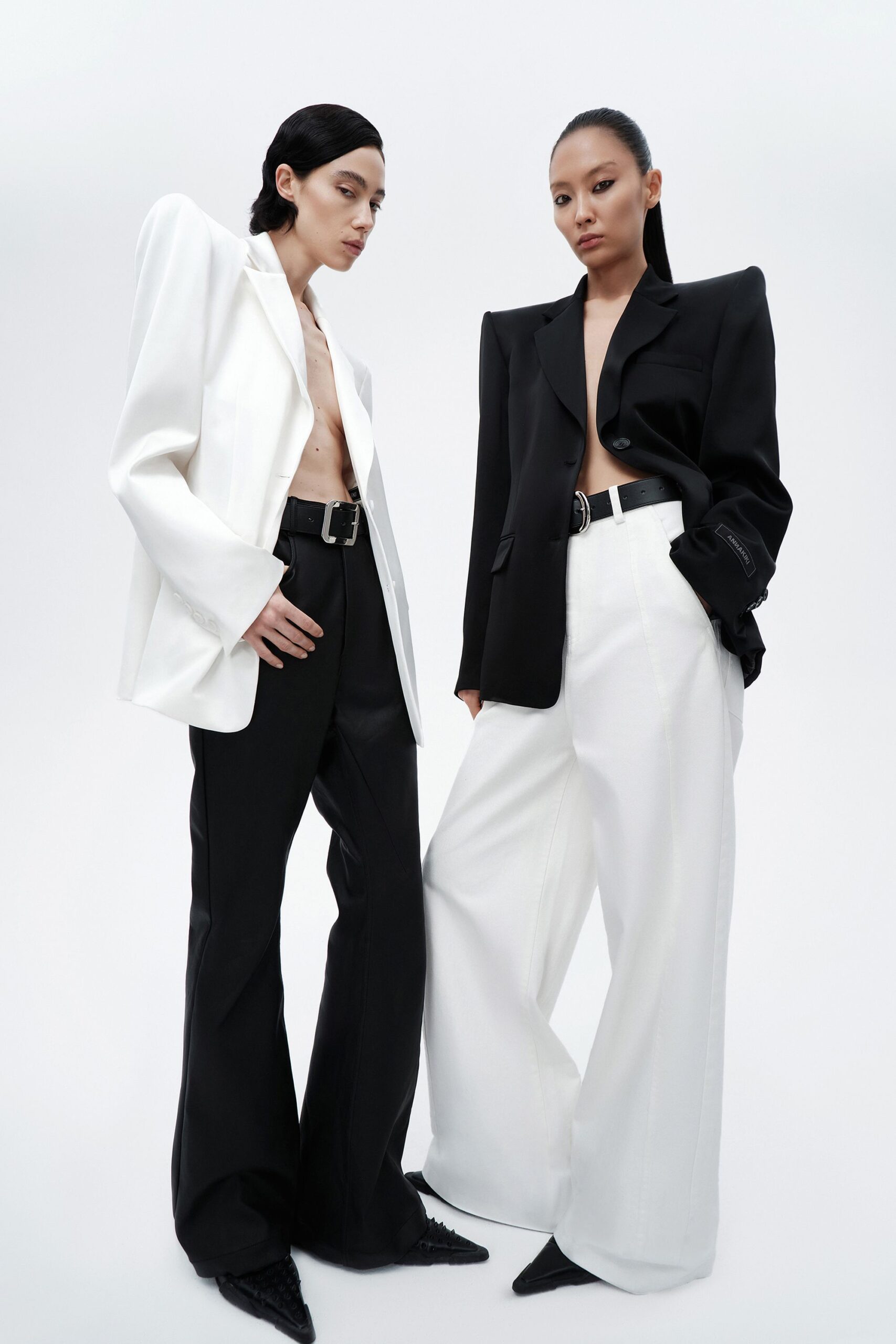 black and white tailored blazers with wide-leg pants