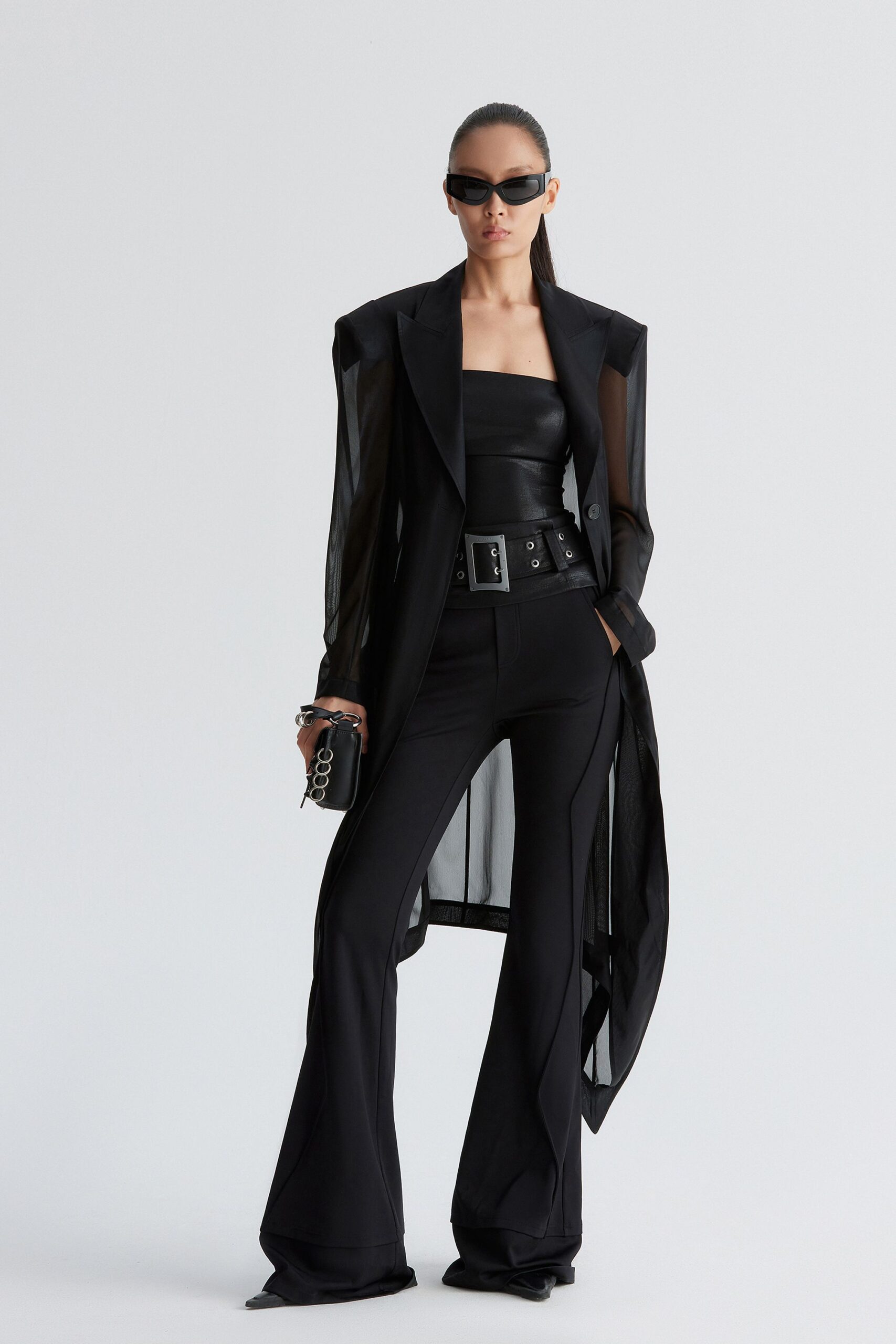 black leather sleeveless strapless fitted top