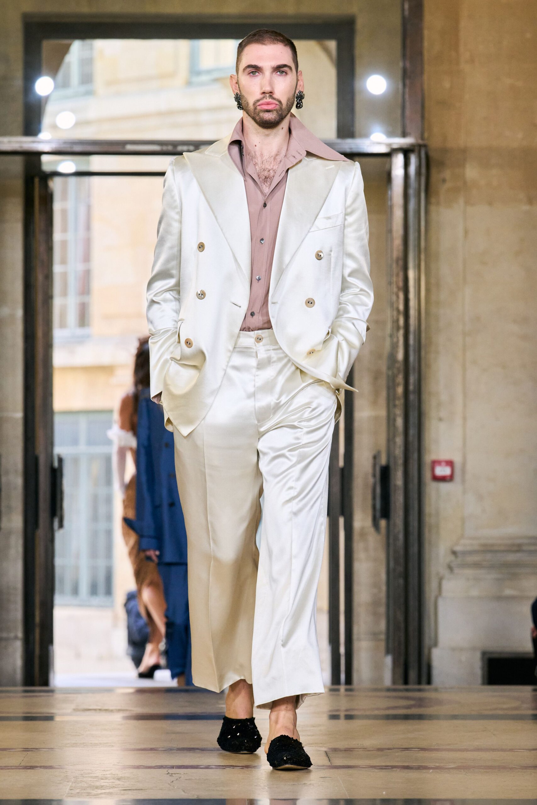 white silk tailored wide-leg shiny pants