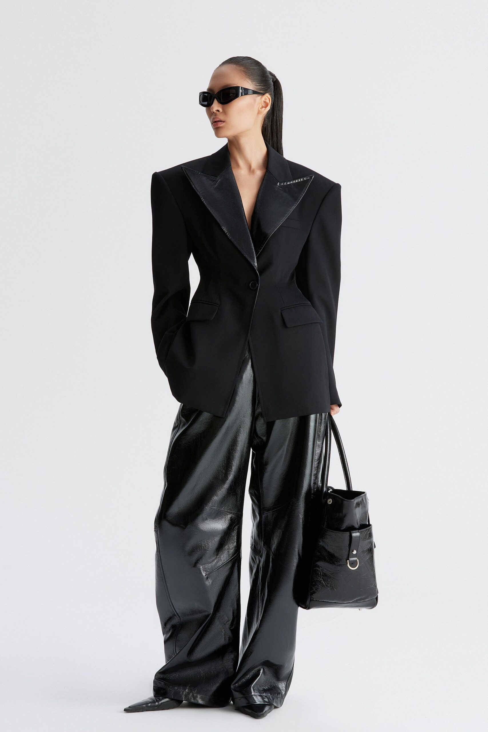 black silk long-sleeve collared structured buttoned blazer
