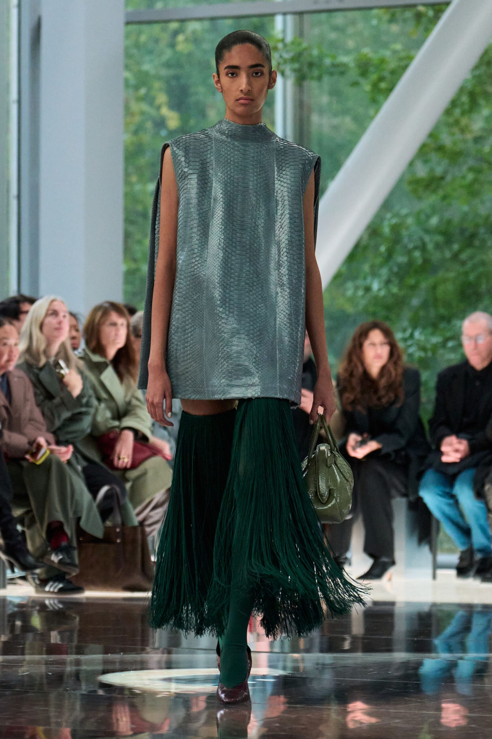 green silk sleeveless high-neck relaxed fringed midi dress