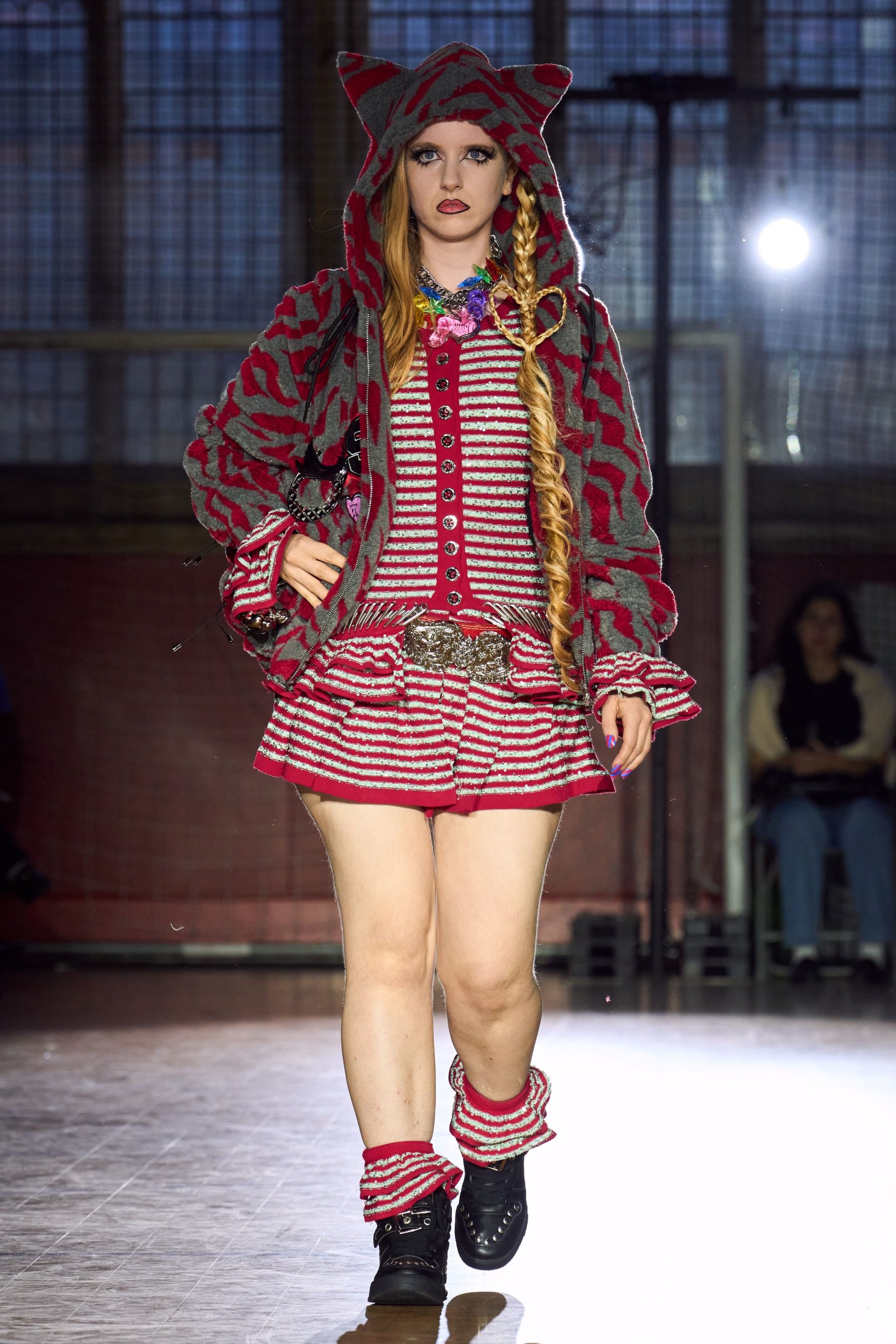red cotton long-sleeve collared fitted striped buttoned dress