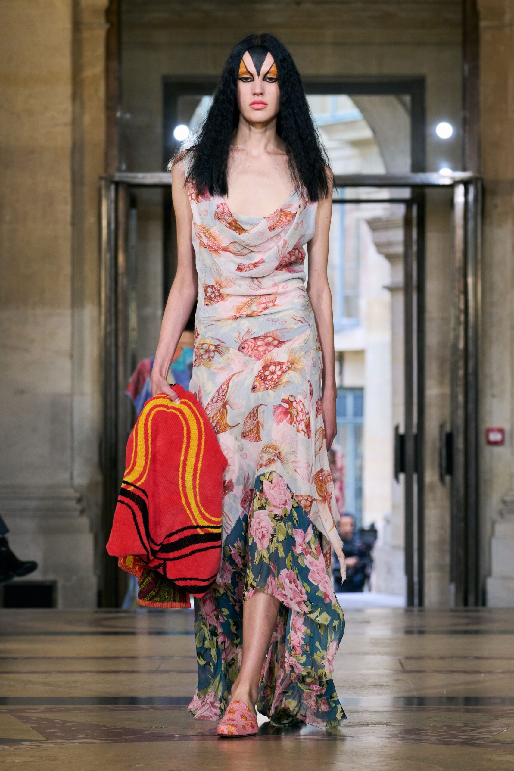 multi silk sleeveless v-neck fitted floral layered gown