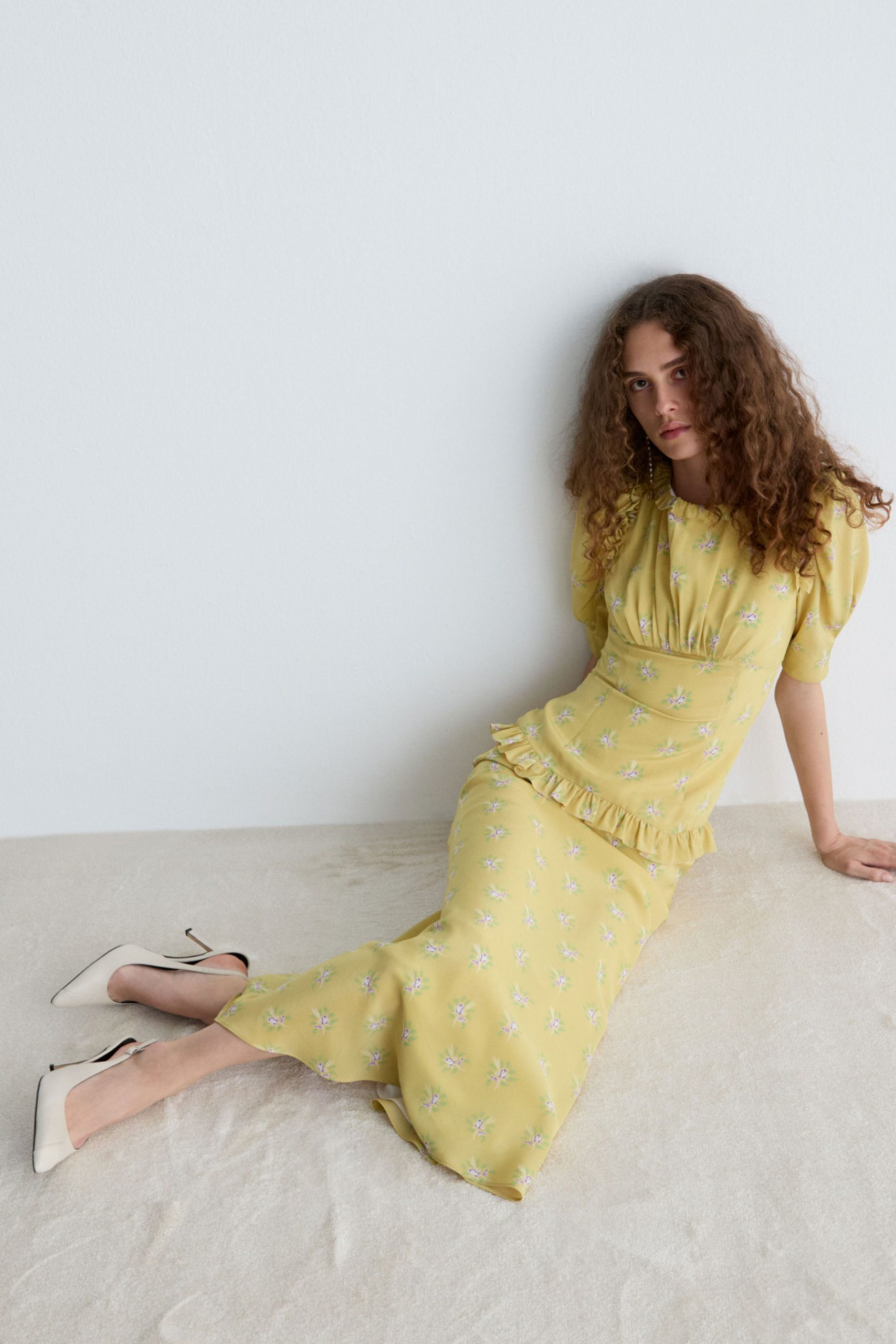 yellow cotton short-sleeve v-neck fitted ruffled embroidered dress